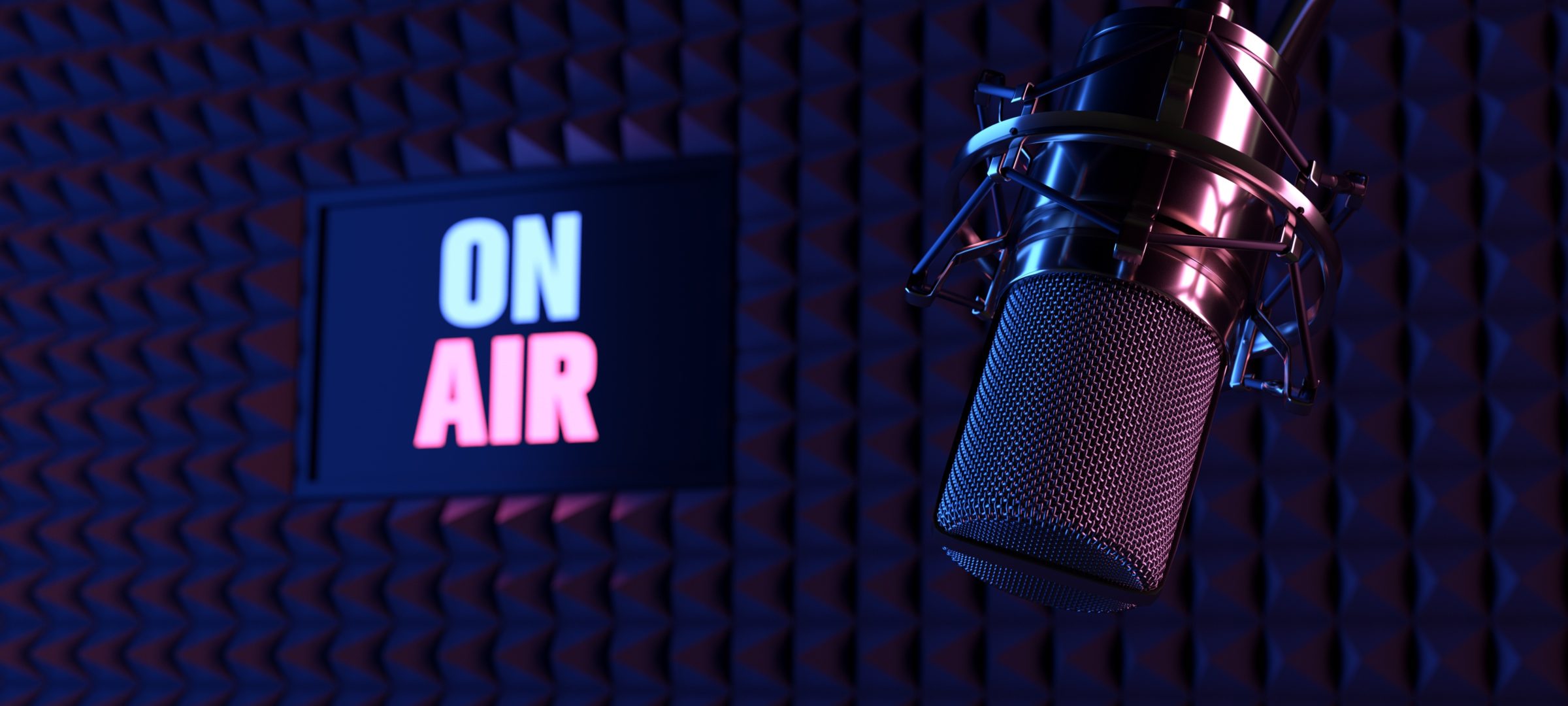 Radio cabin on air. Microphone and light.