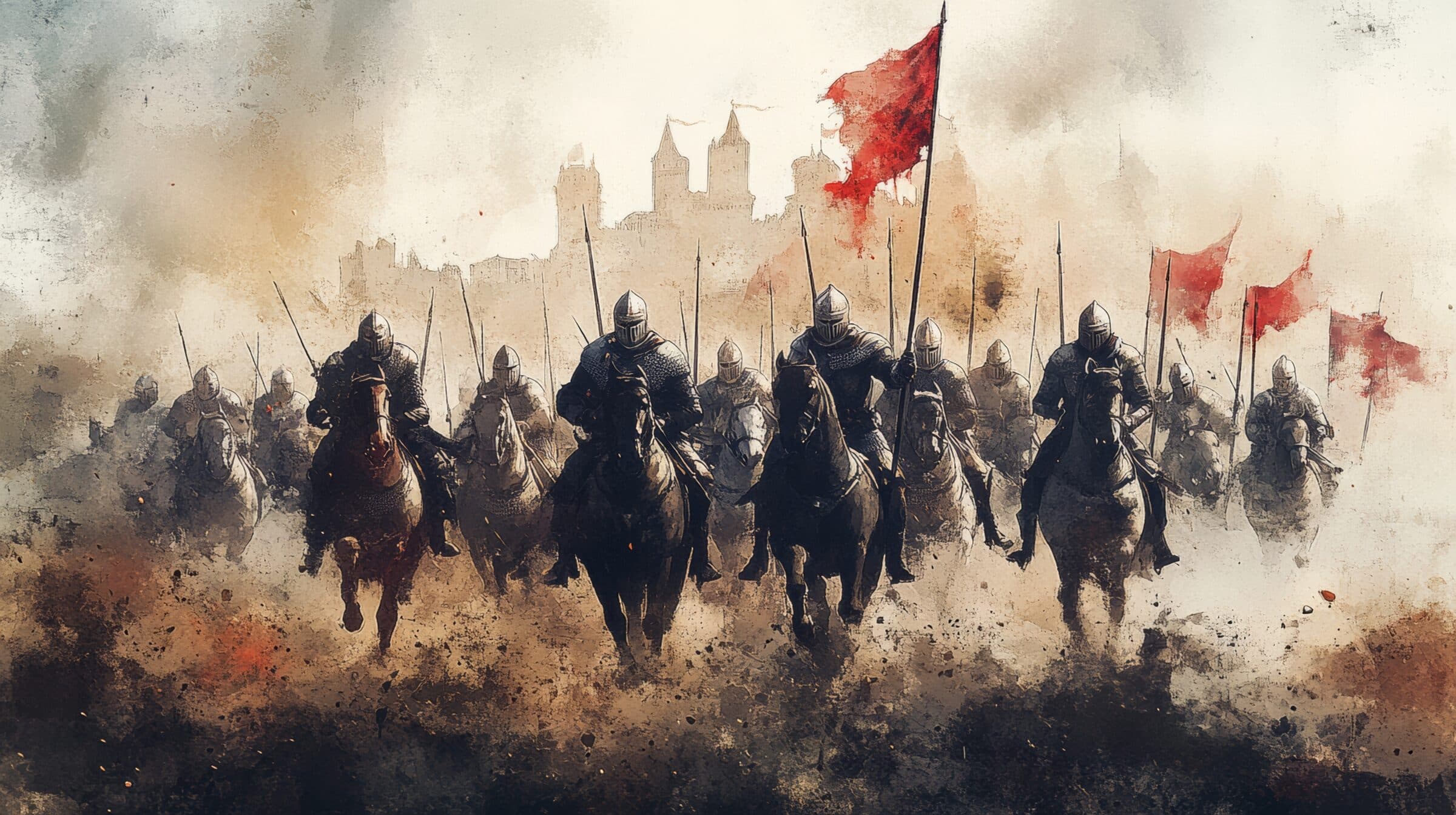 Dramatic depiction of medieval knights on horseback charging into battle with flags held high, castle in the background, evoking historical warfare.
