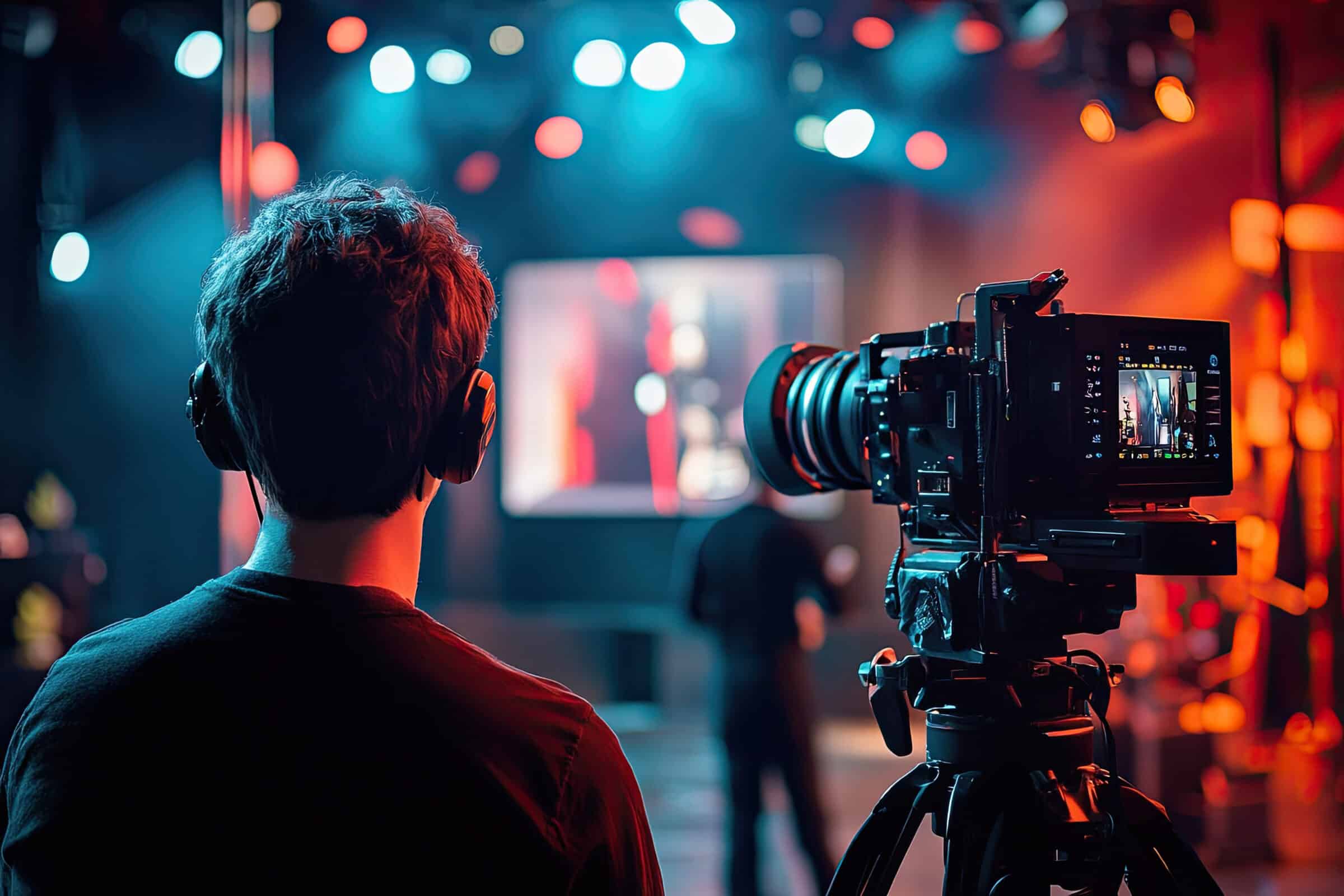 TV host interviewing a guest on a brightly lit stage