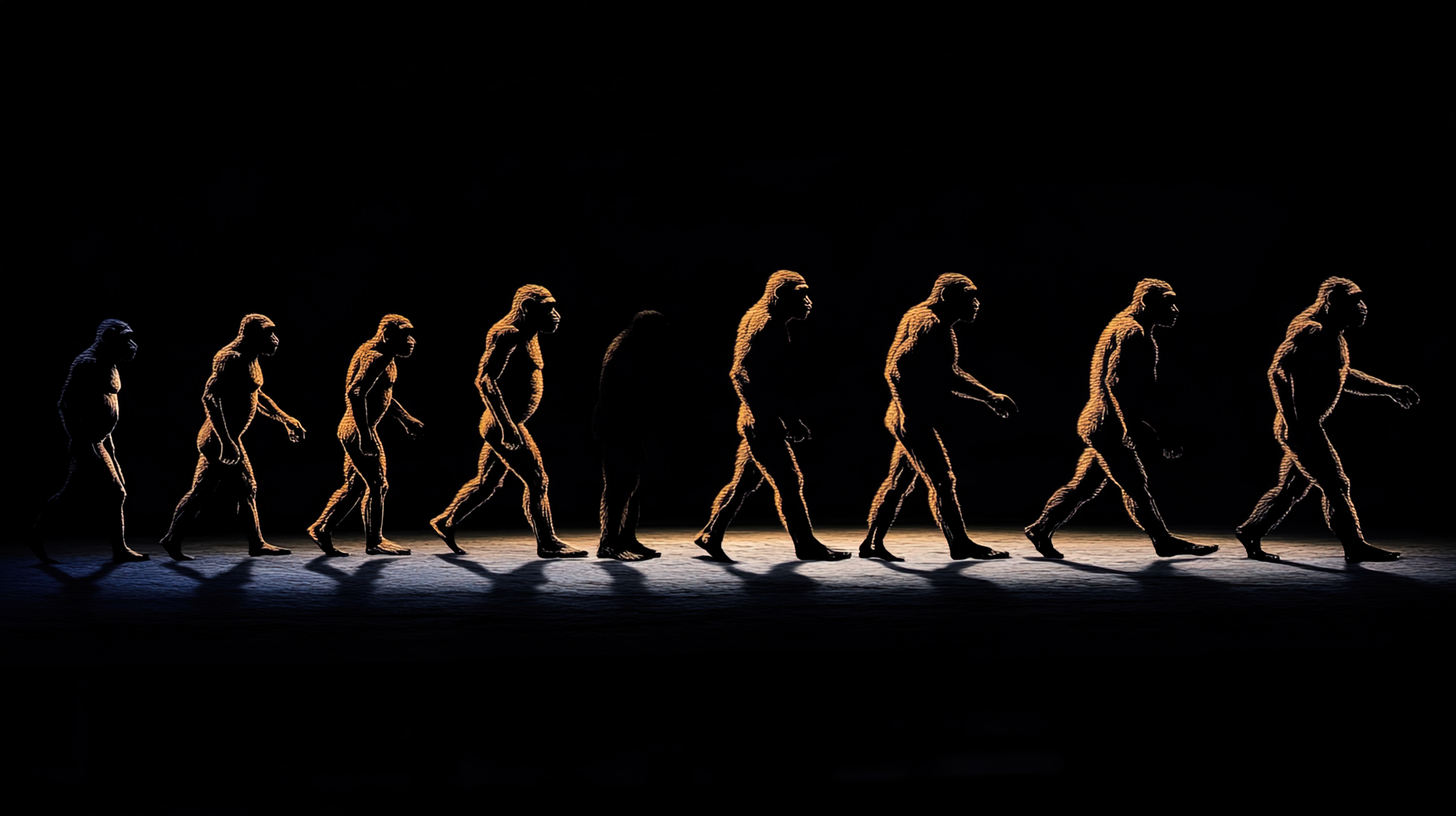 This image depicts a sequential portrayal of human evolution from early hominids to modern humans. The figures are arranged from left to right, showing a gradual progression in posture and physical de
