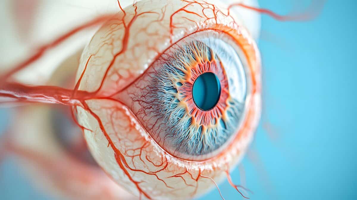 91. The detailed structure of a human eye with lens, retina, and optic nerve