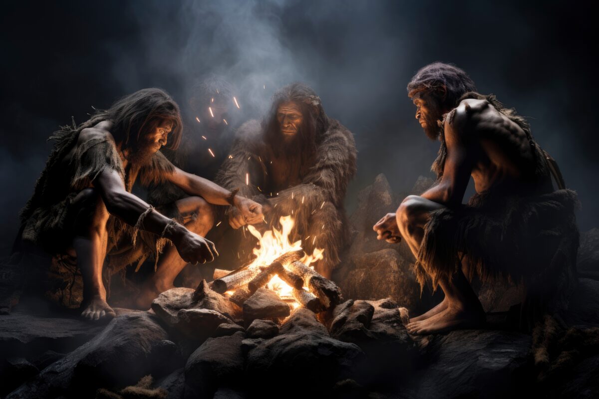 A Cozy Neanderthal Evening Gathering Around a Warm Bonfire Created With Generative AI Technology