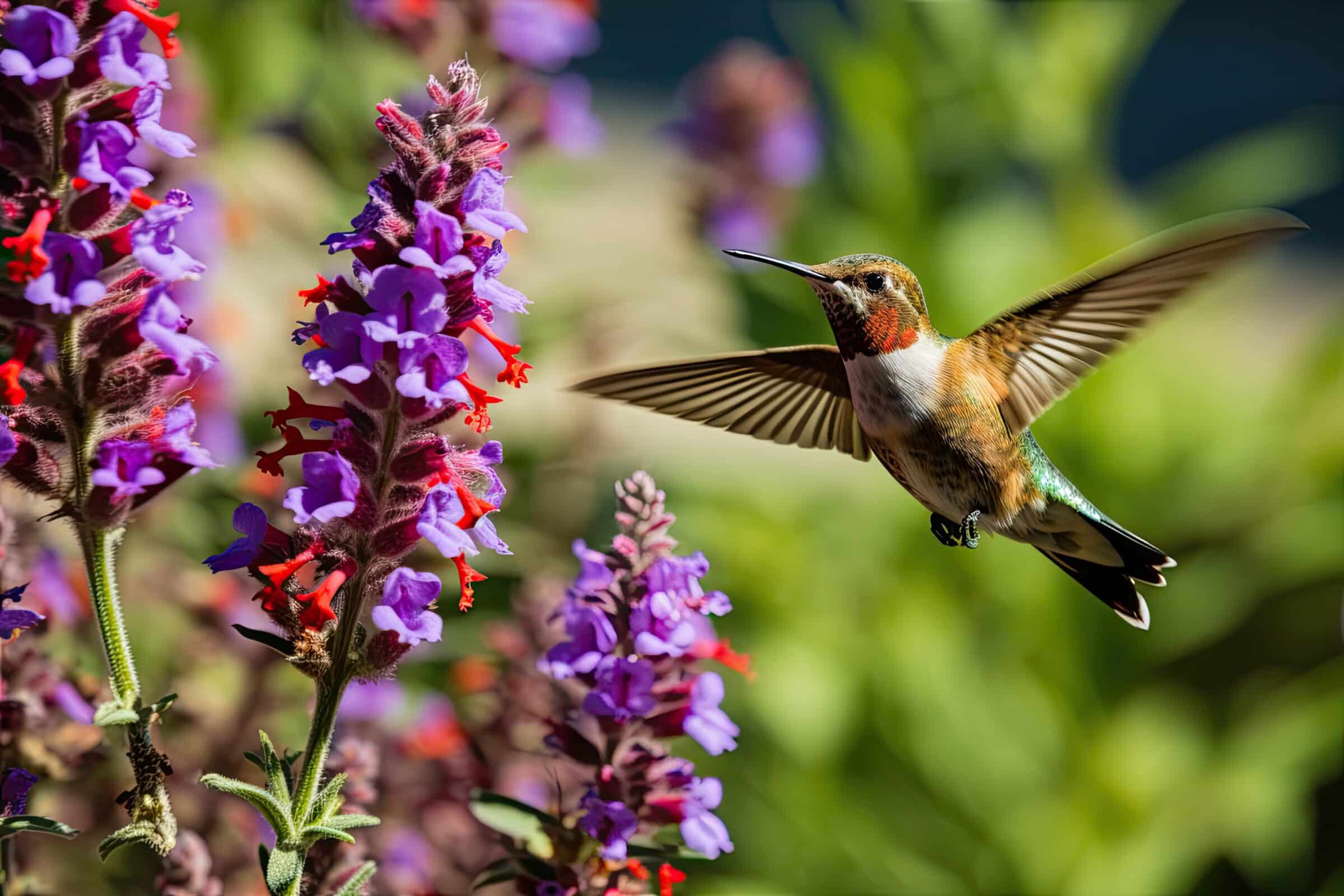 A hummingbird in a Vervain patch with open wings and flared tail