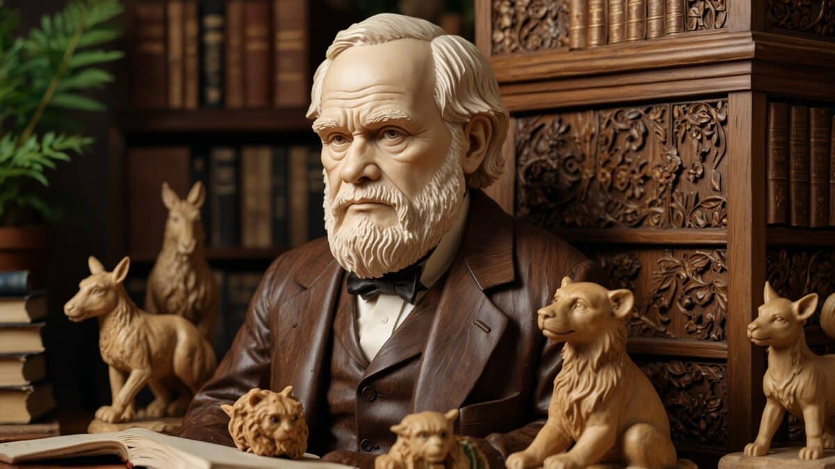 A majestic wooden carving of Charles Darwin, shown with a notebook and a magnifying glass, surrounded by carved animals, plants, and evolutionary symbols.