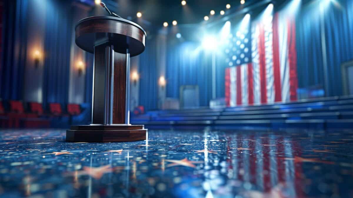 A presidential podium and American flag. election meeting