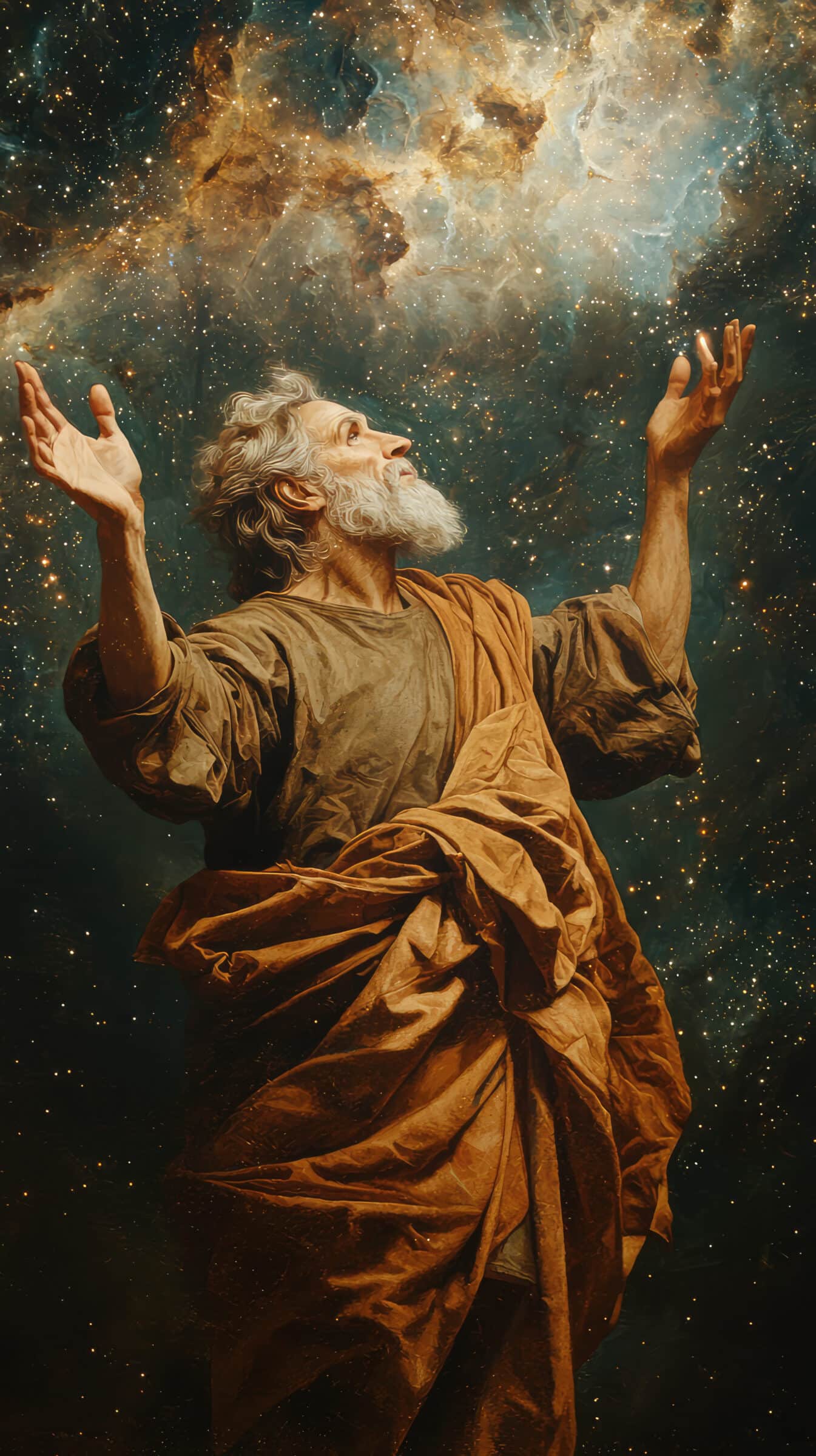 Anaxagoras explaining cosmos with sense of wonder and awe