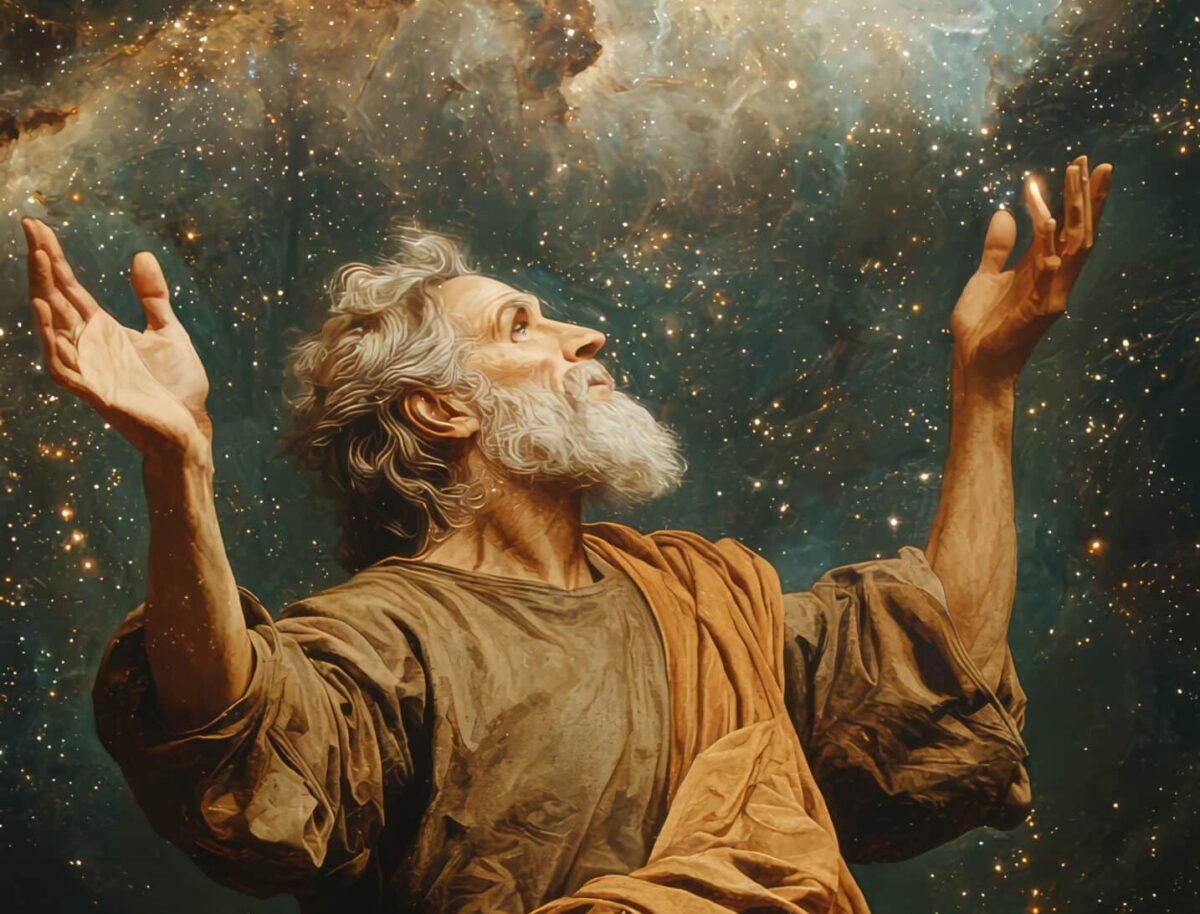 Anaxagoras explaining cosmos with sense of wonder and awe