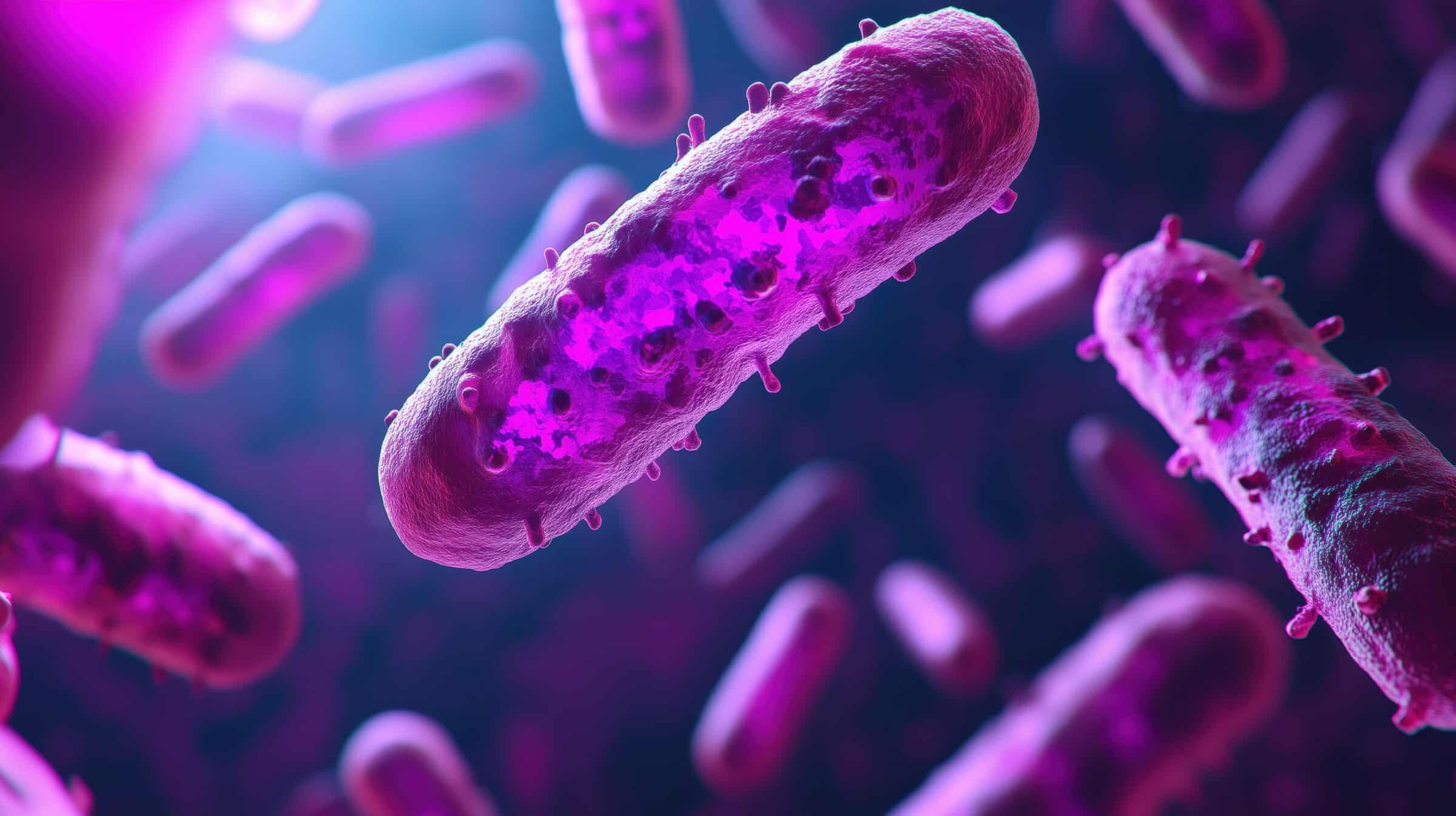 Close-up of a bacterium under a microscope, with vivid purple and pink colors highlighting cellular details.