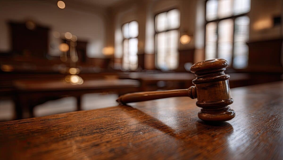 Gavel resting on a wooden table in a courtroom (1)