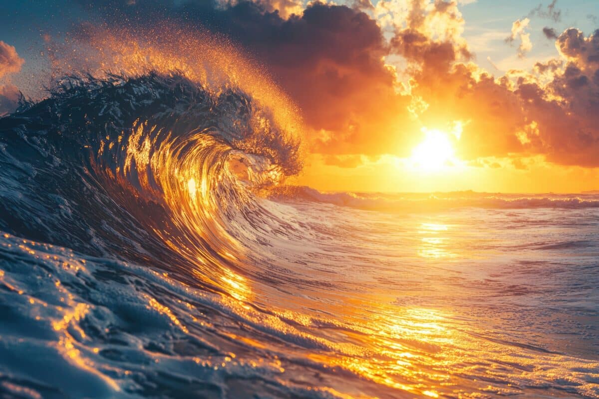 Golden Sunset Reflecting On A Breaking Ocean Wave
