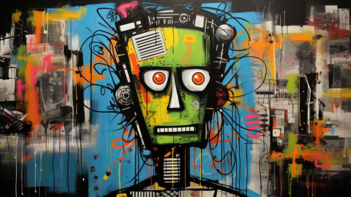 Illustration of urban street art painting on wall graffiti , robot and city