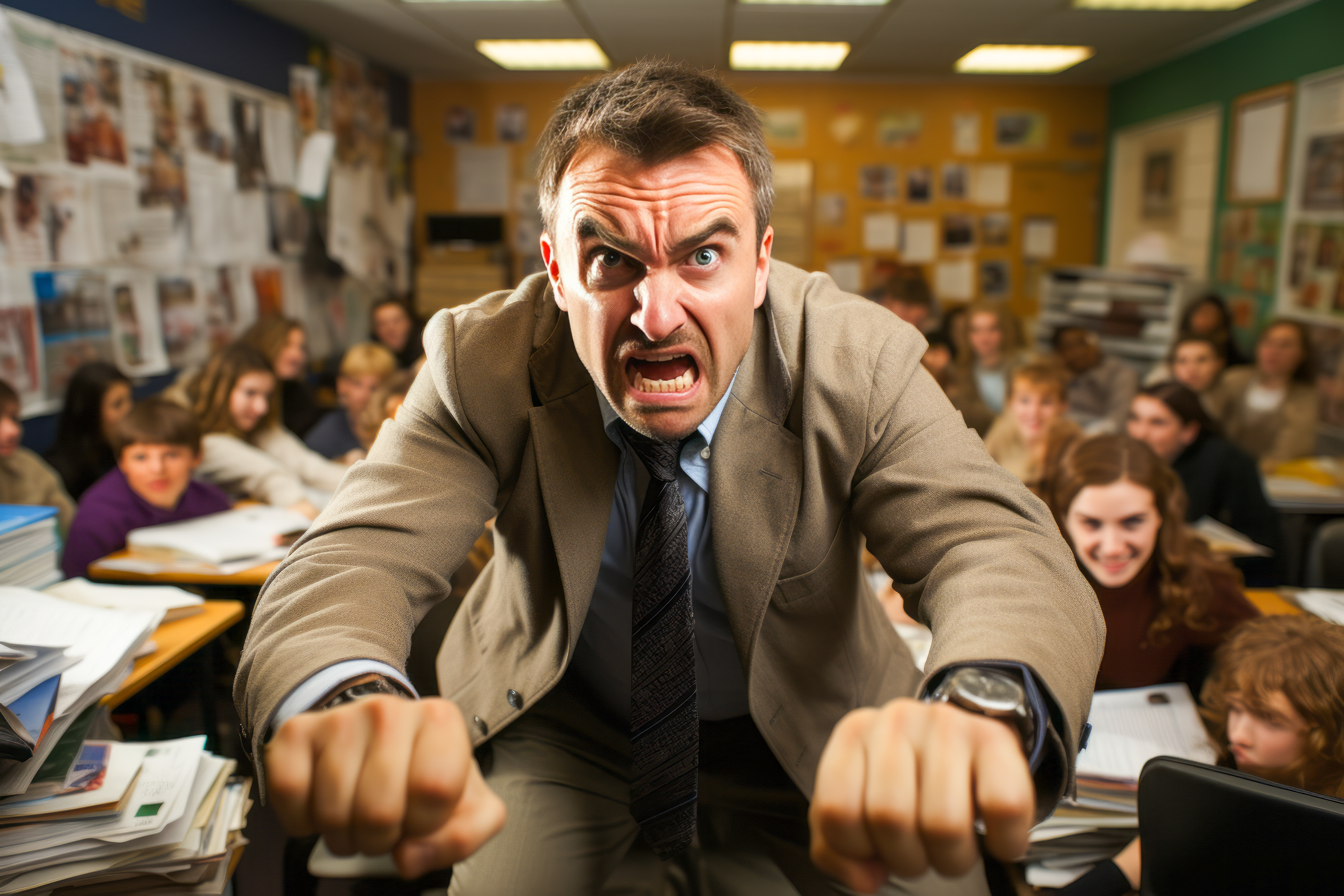 Irritated teacher glaring at messy classroom on plain background.