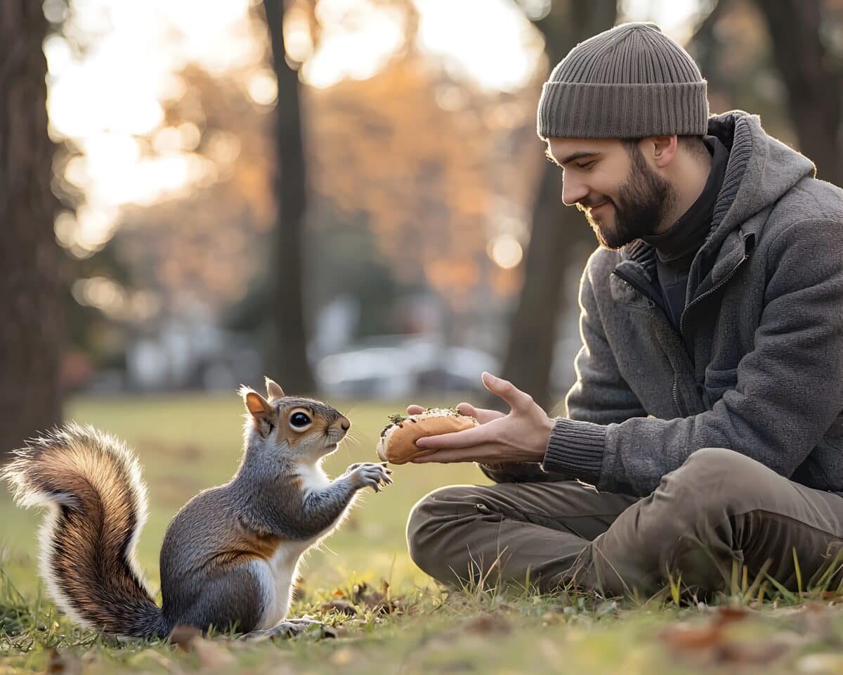 Man Sharing Sandwich with Curious Squirrel in Tranquil Park Scene