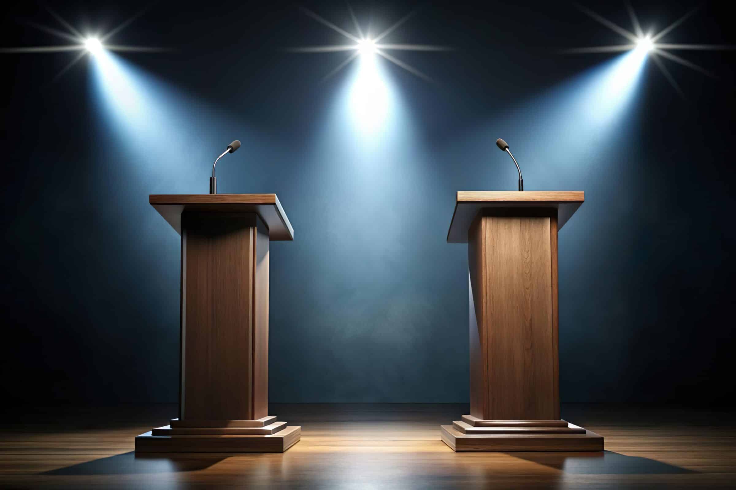 Speech podiums in spotlight and covered in shadow. Political competition and debate concept