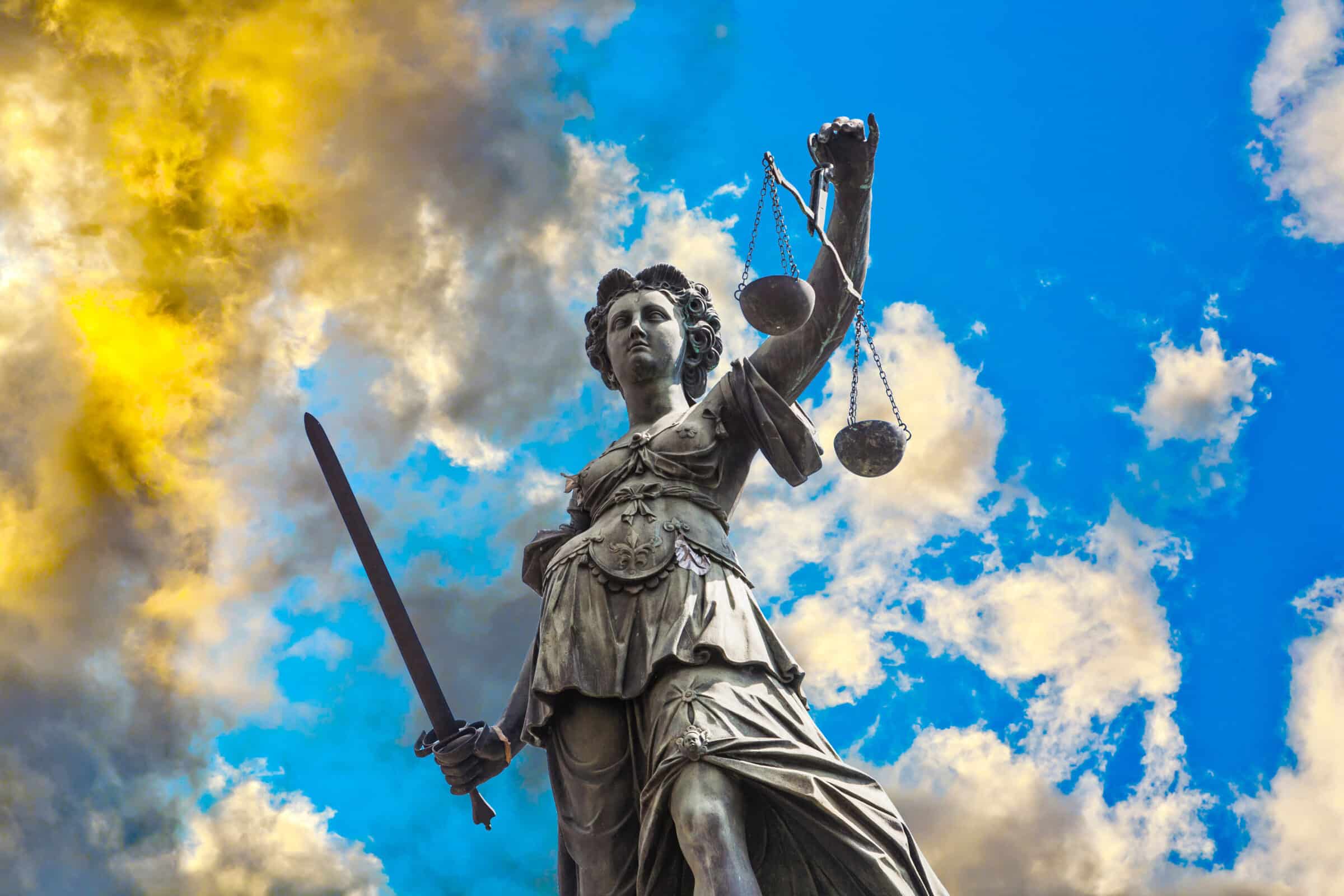 Statue of Lady Justice in front of the Romer in Frankfurt