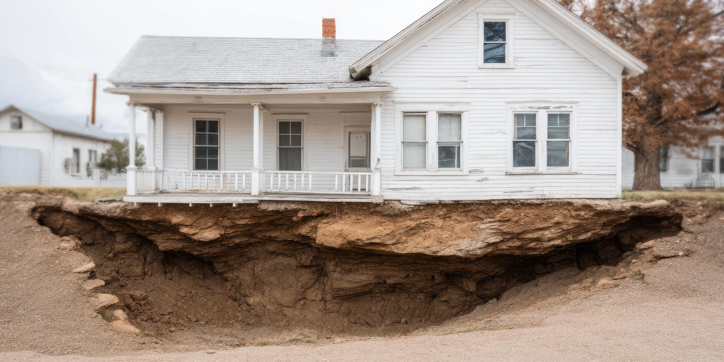The crumbling foundation of the house. Exposed house foundation with soil erosion.
