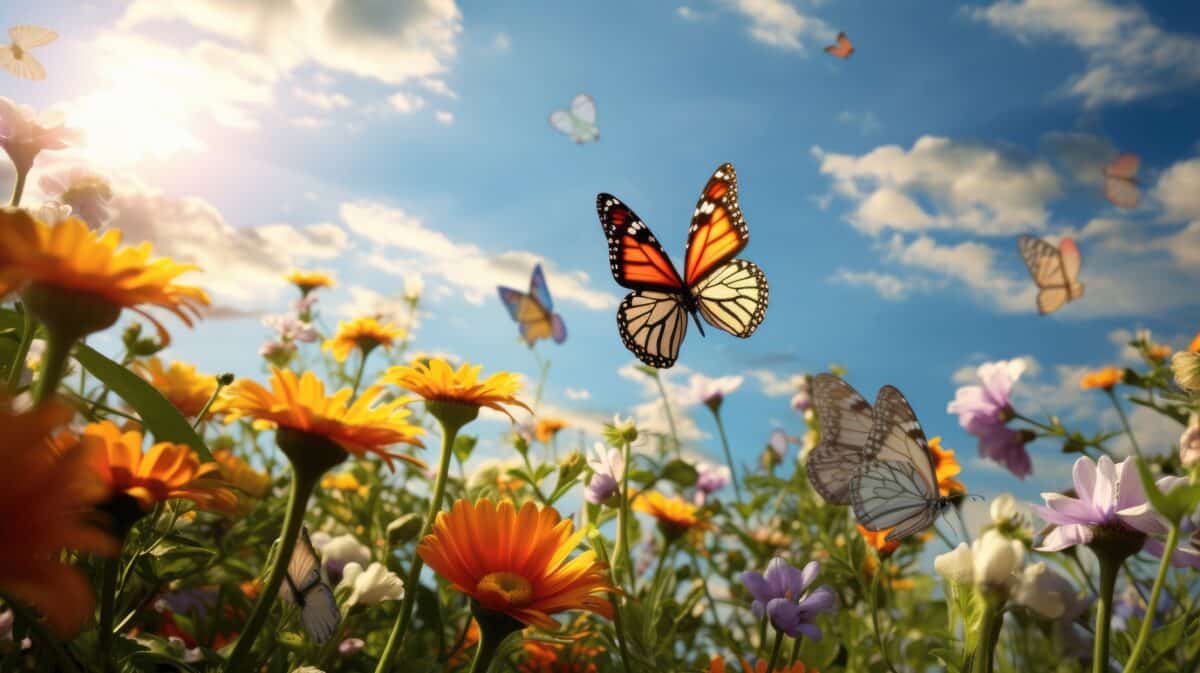 The first butterflies fluttering over a clearing with spring flowers.