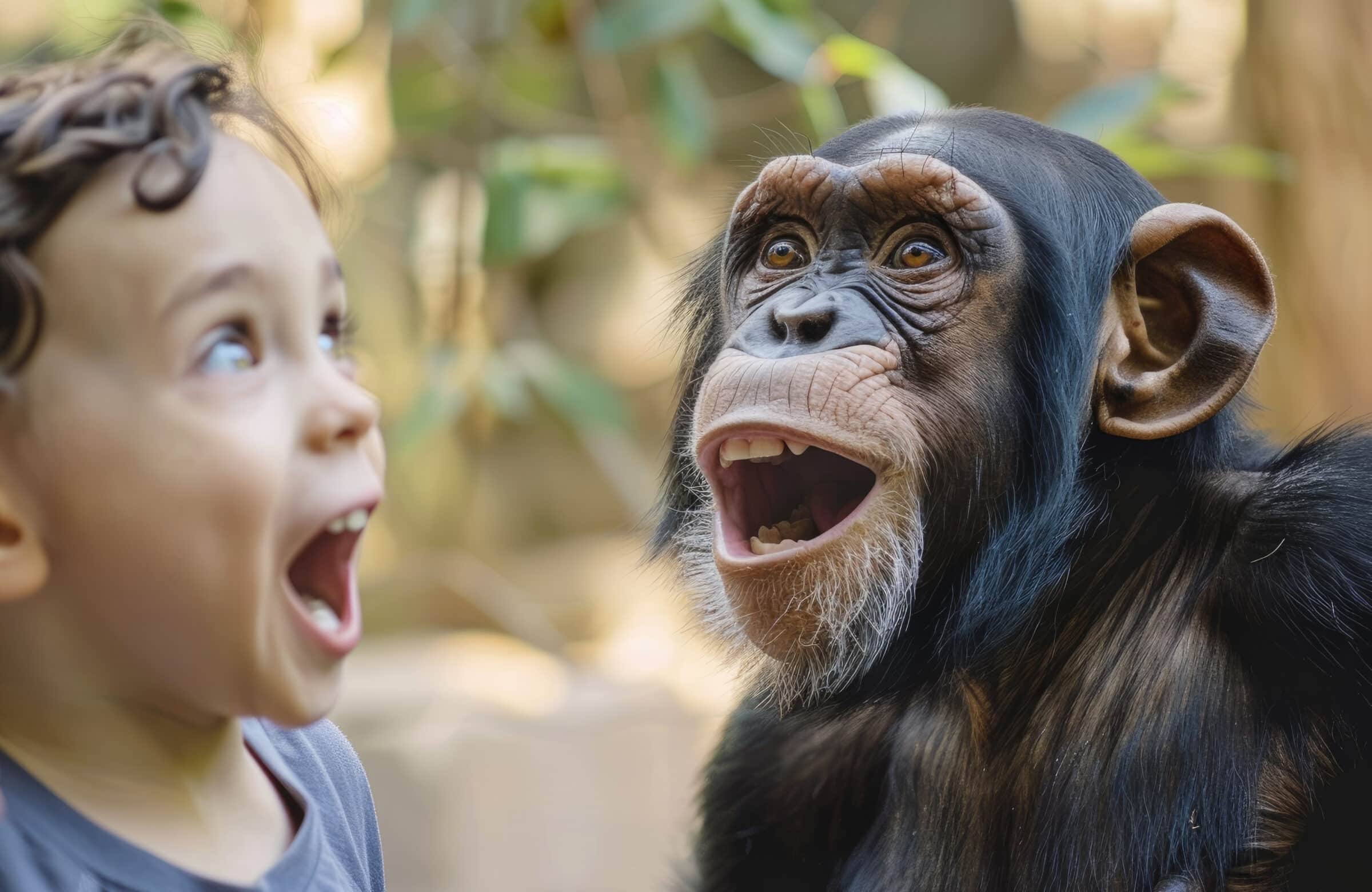 Young boy and chimpanzee, both with open mouths in excitement or surprise, side by outdoor setting