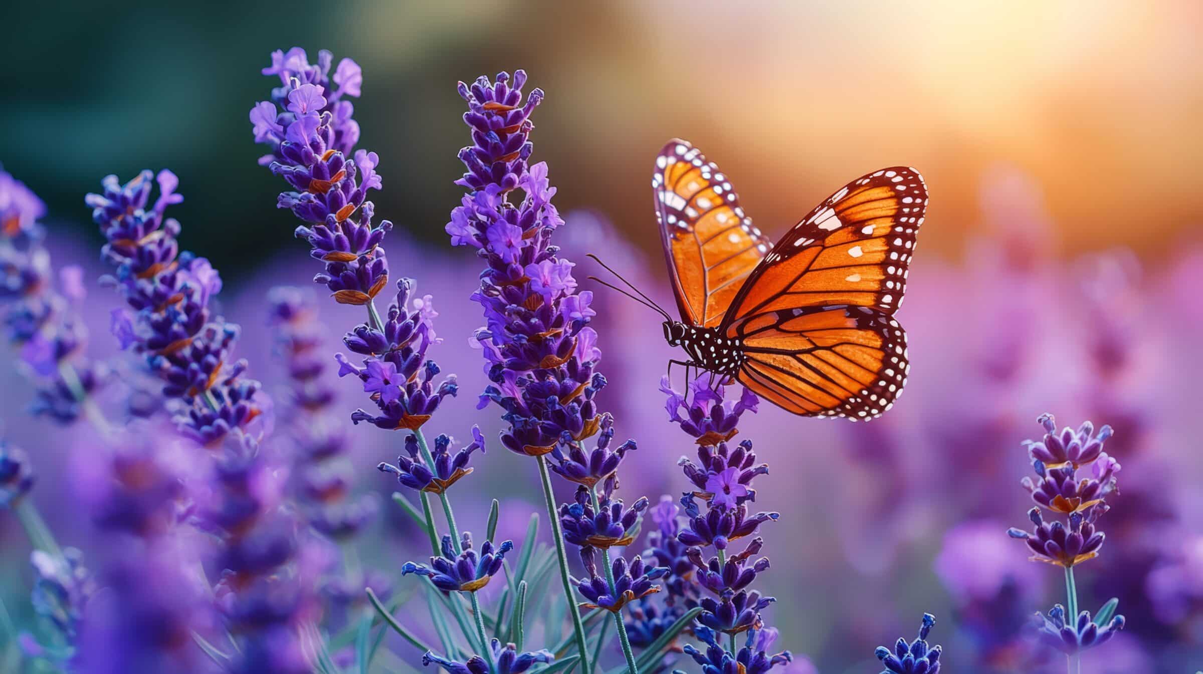 A butterfly sitting on top of a purple flower