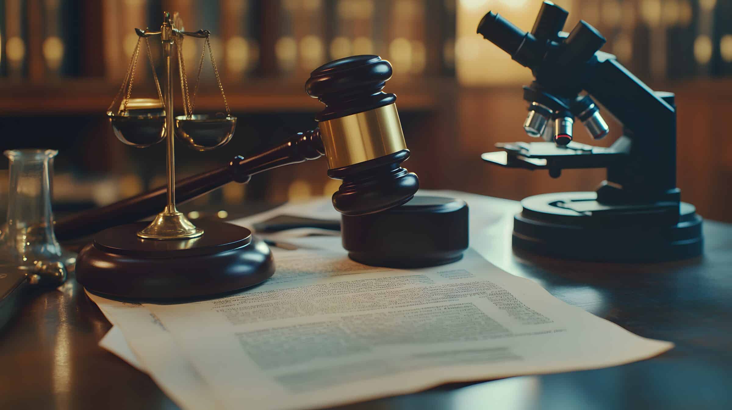 A gavel, scales of justice, and a microscope on documents, symbolizing law and science.