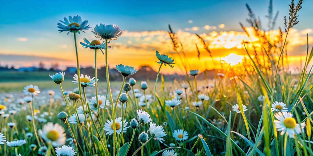 A sunrise through a field of flowers. The sun is low in the sky, casting a warm light on the flowers