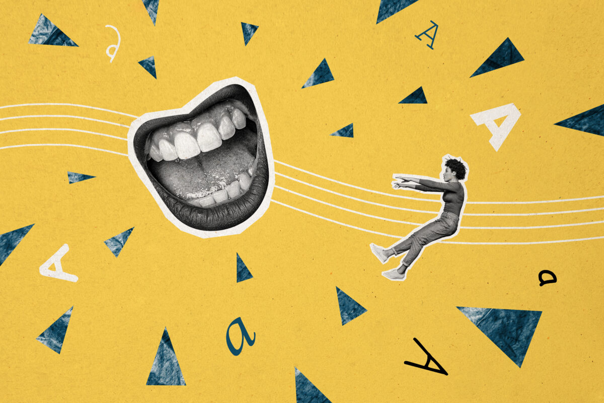 Composite photo collage of scream mouth hate concept scared american girl fly away racism bully stereotype isolated on painted background