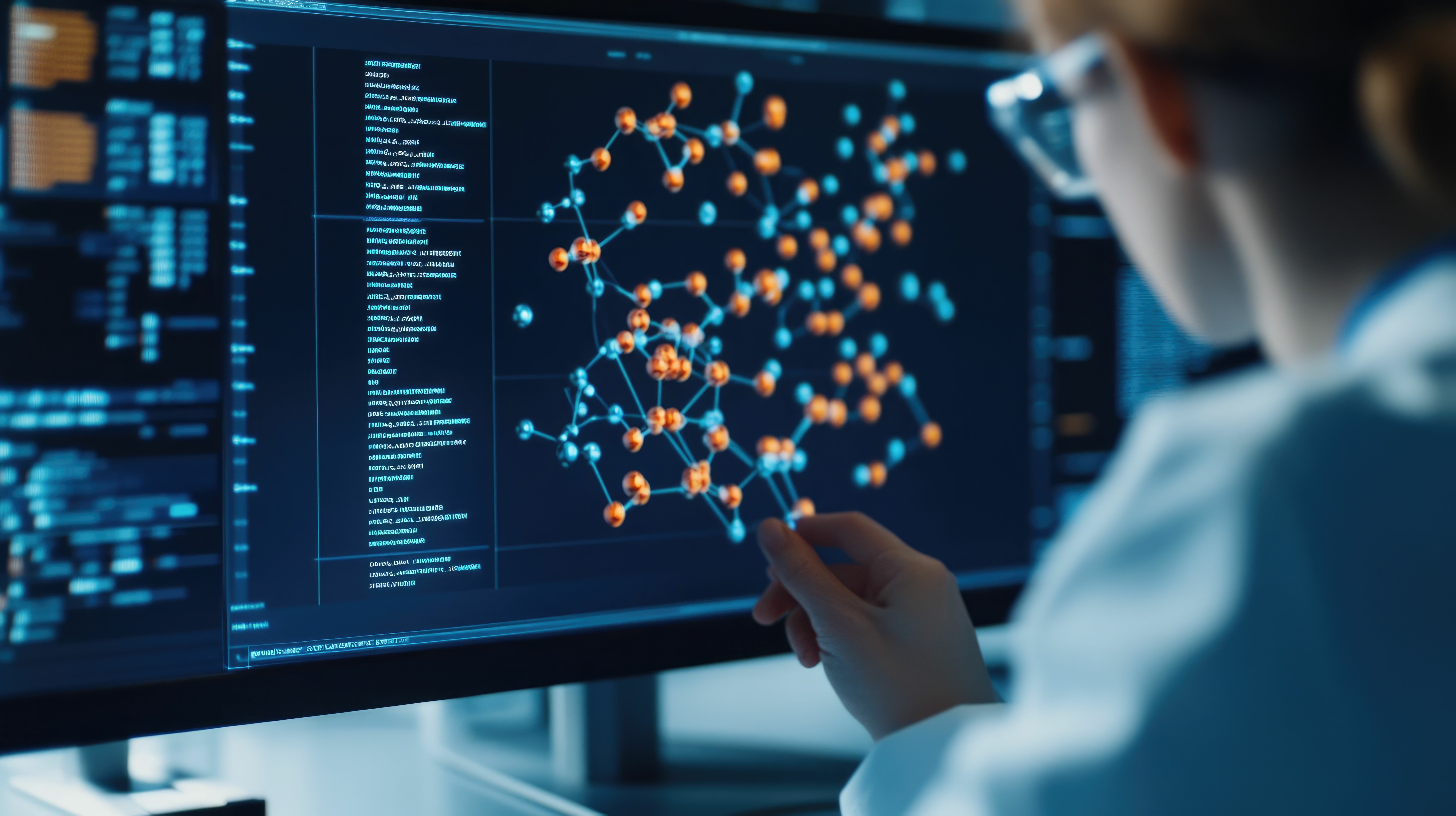 In Silico Drug Modeling with 3D Molecule Visualisation on Computer Screen Close up of Scientist s Hands Manipulating Complex Molecule Model with Background of Floating Graphs and Chemical Data