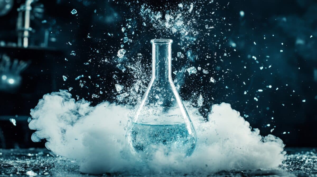 Shattered chemistry flask. Chemistry concept. Scientific experiment
