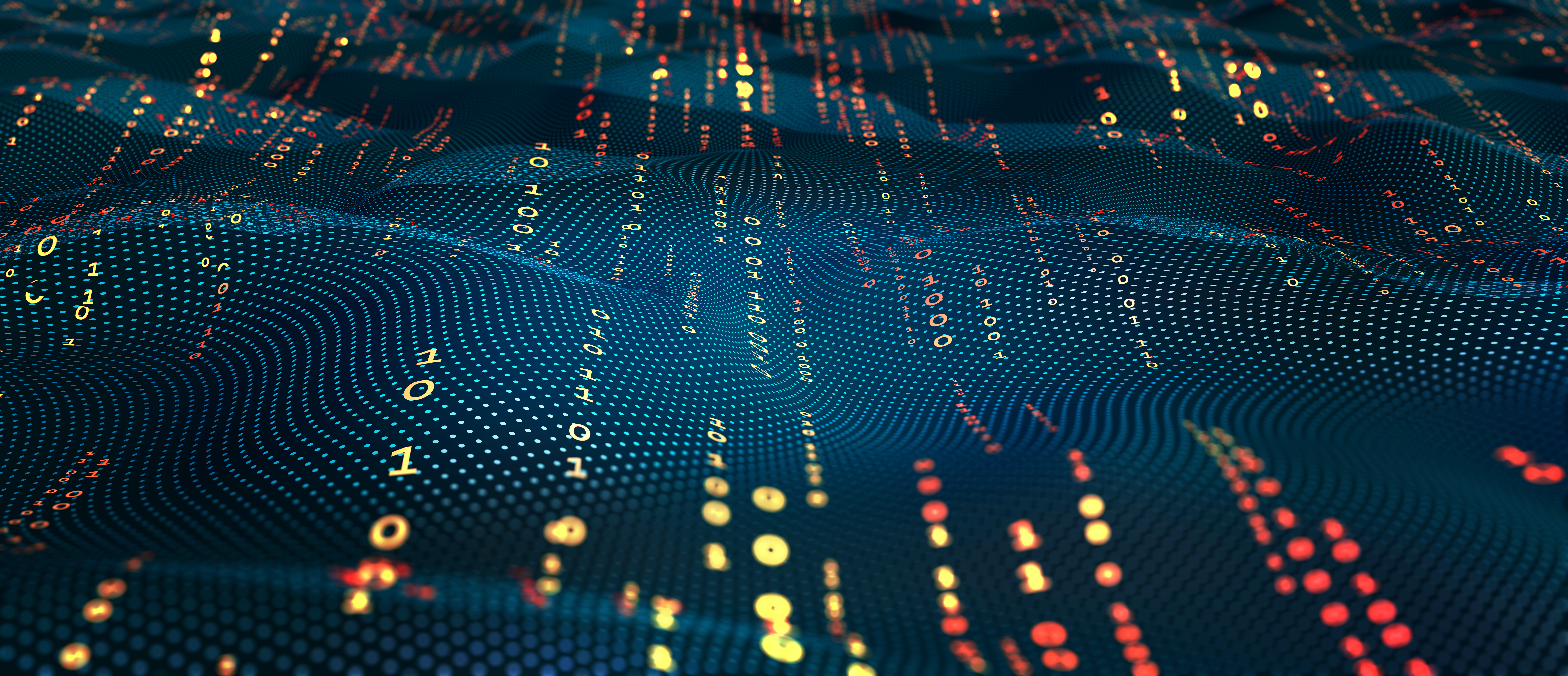 Terabytes of binary code data flying in a stream of information. Wavy field of coded blockchains. Neural network, points and numbers 3D illustration