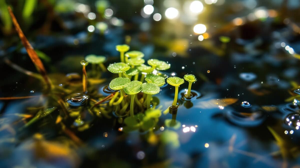 Bladderwort underwater with soft sunlight illuminating delicate leaves