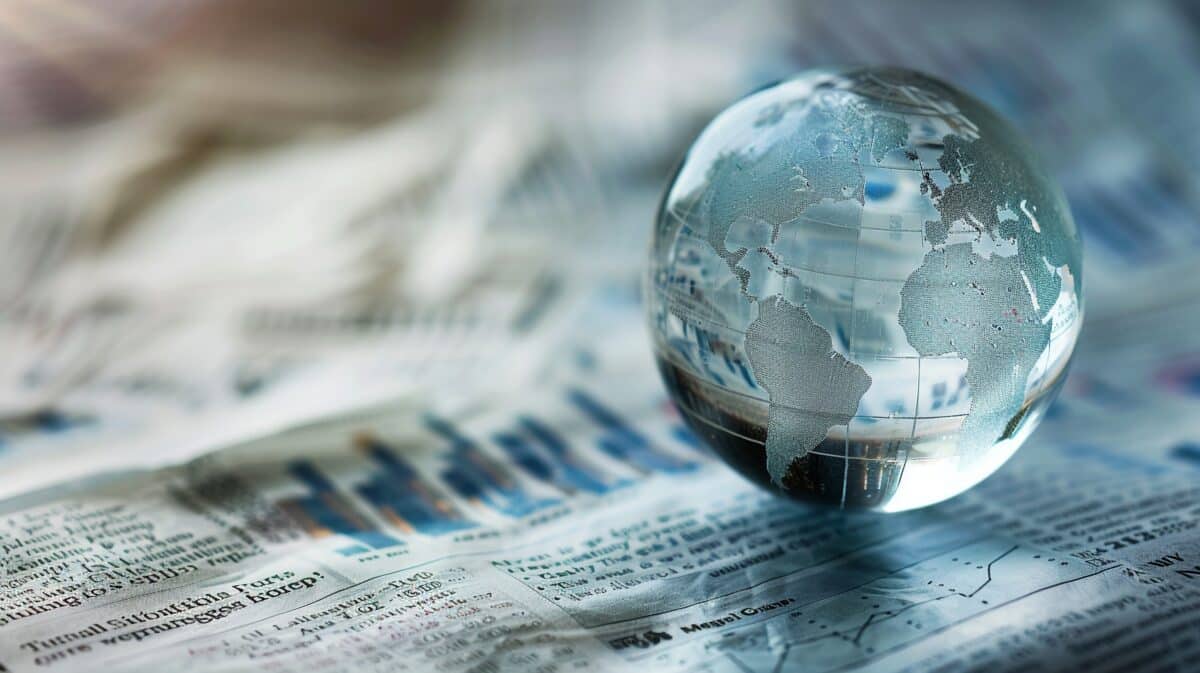 Crystal globe on newspaper financial pages forecasting global market trends