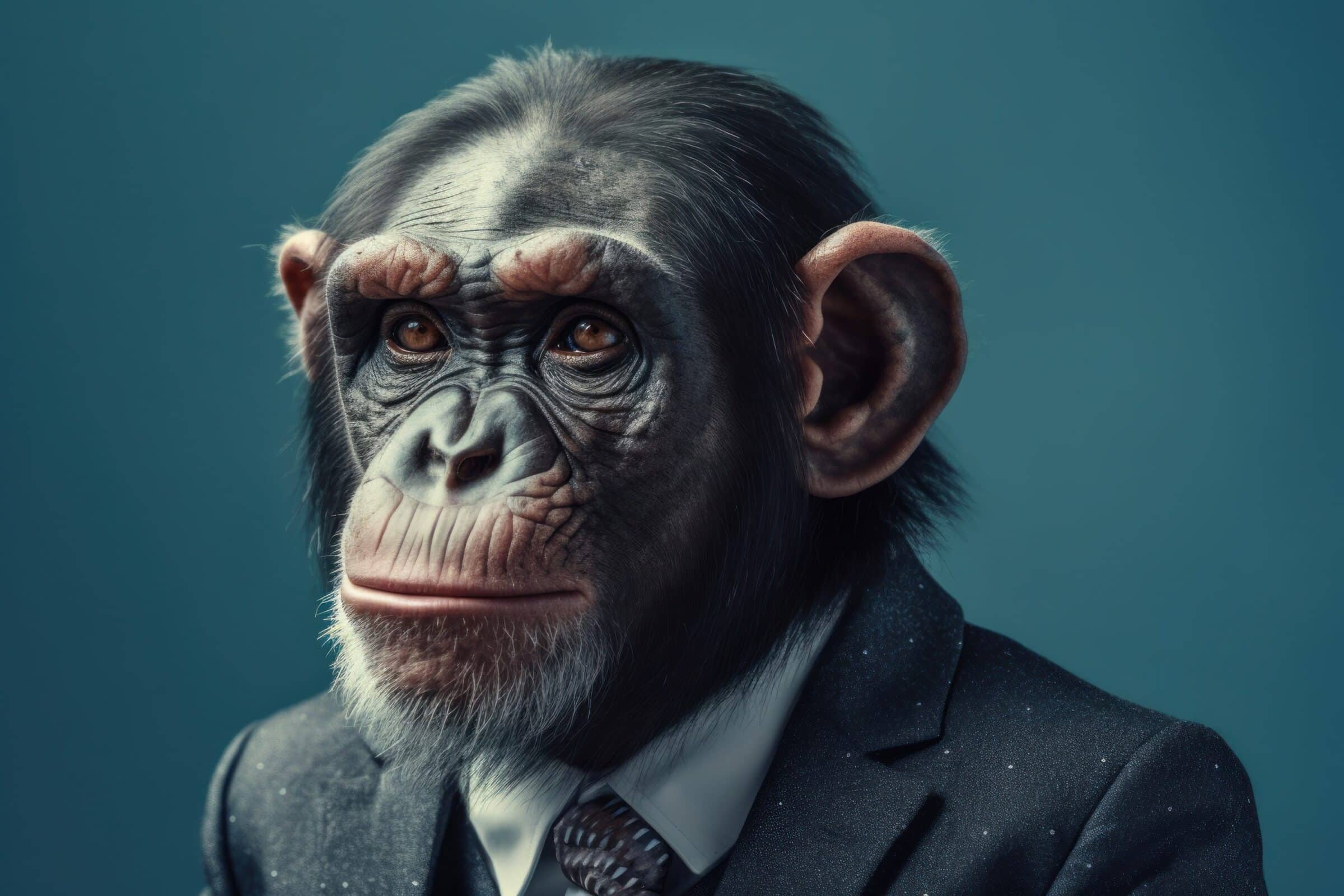 Anthropomorphic chimp dressed in a suit like a businessman. business concept. AI generated, human enhanced