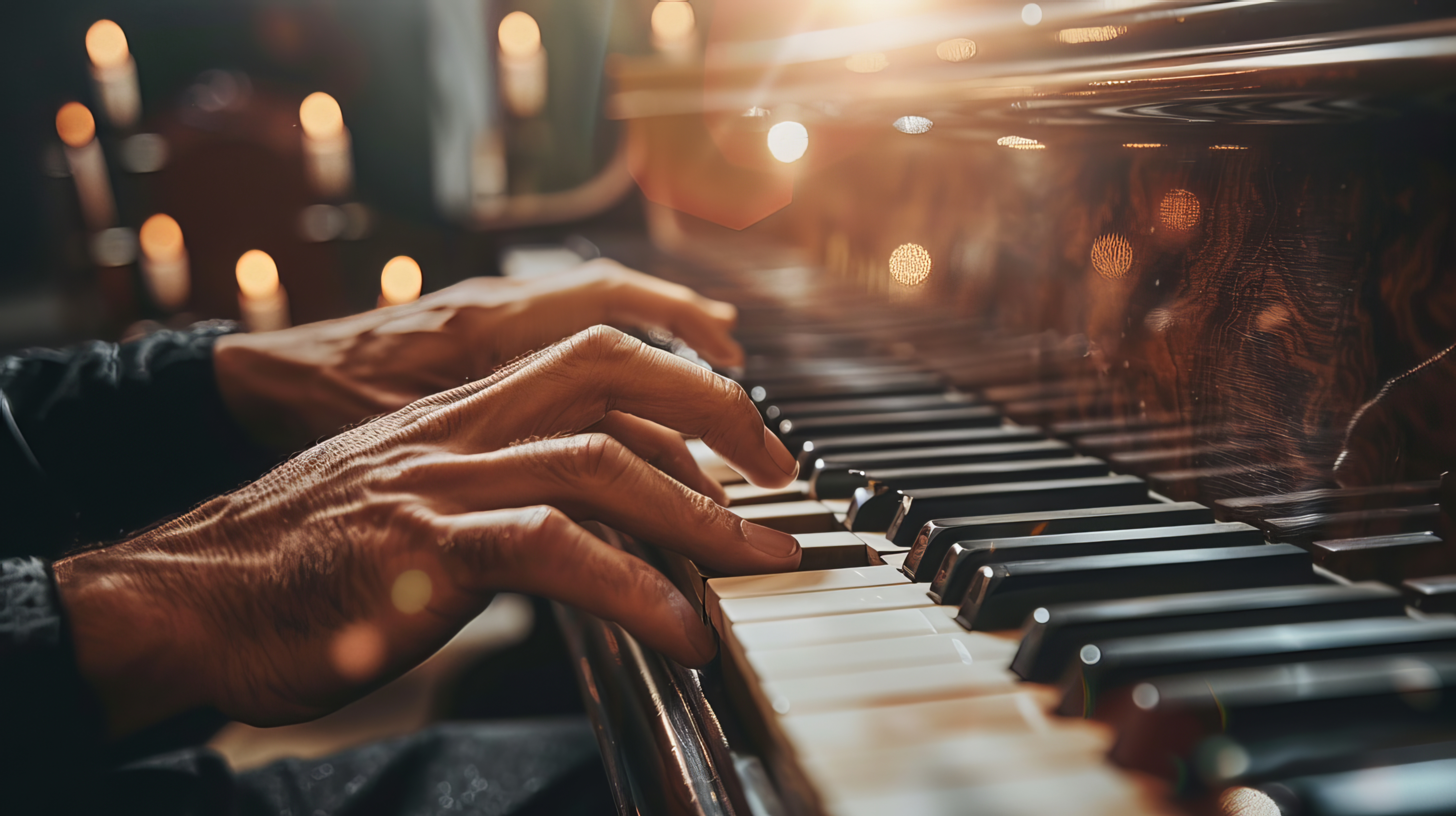 Close-up of male hands skillfully playing the piano, showcasing professional piano technique.