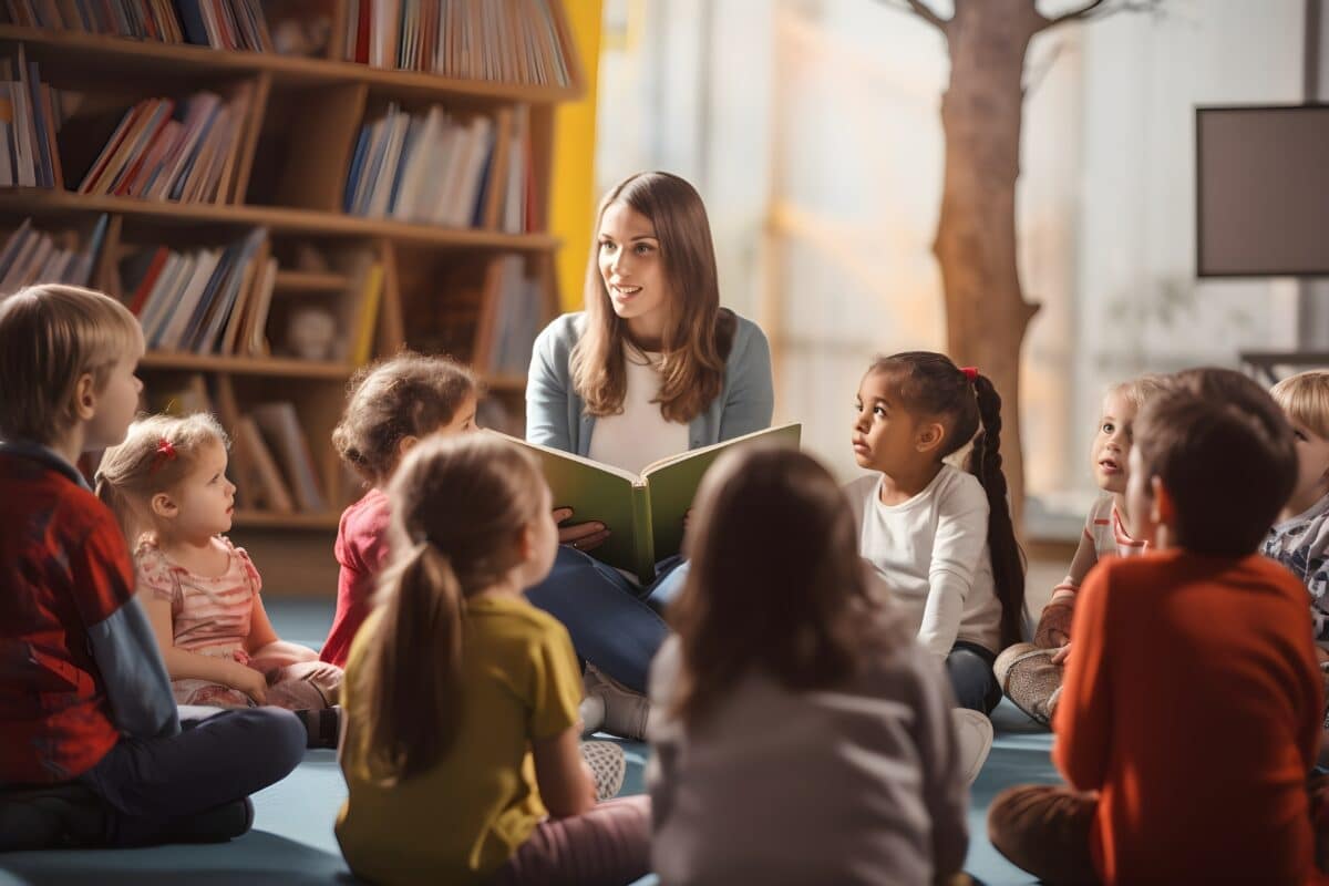 Imagination ignited: School children entranced by a captivating story during library time, fostering a love for literature