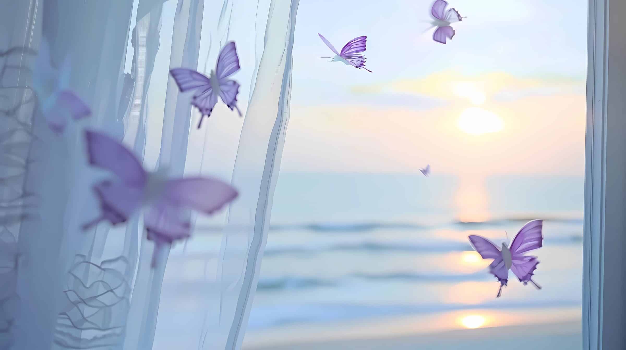 A white window with purple butterflies flying out of it, looking at the sea outside the glass, white gauze curtain fluttering in the wind, sunset, Generative AI illustrations.