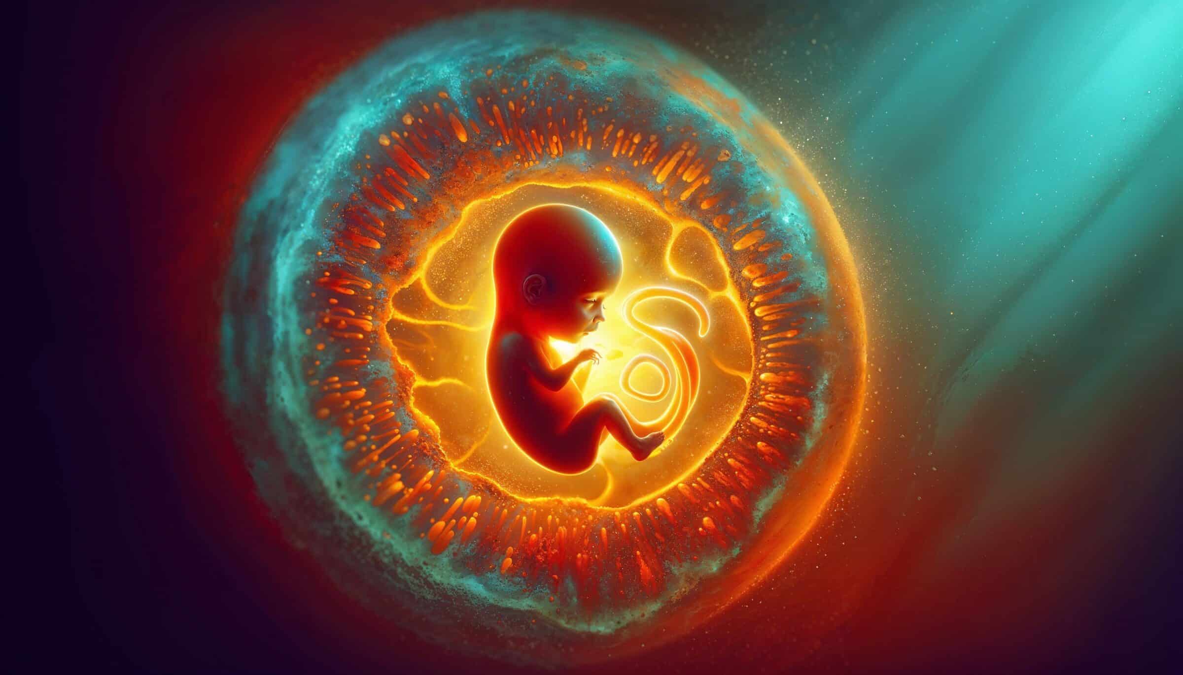 AI-generated illustration of a human fetus curled up in the womb