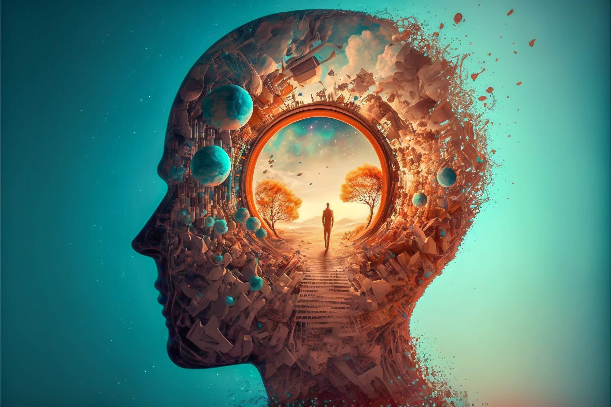 Conceptual art journey to dream. Step into another world, Inside of brain, fantasy, escape from life concept. Made with Generative AI