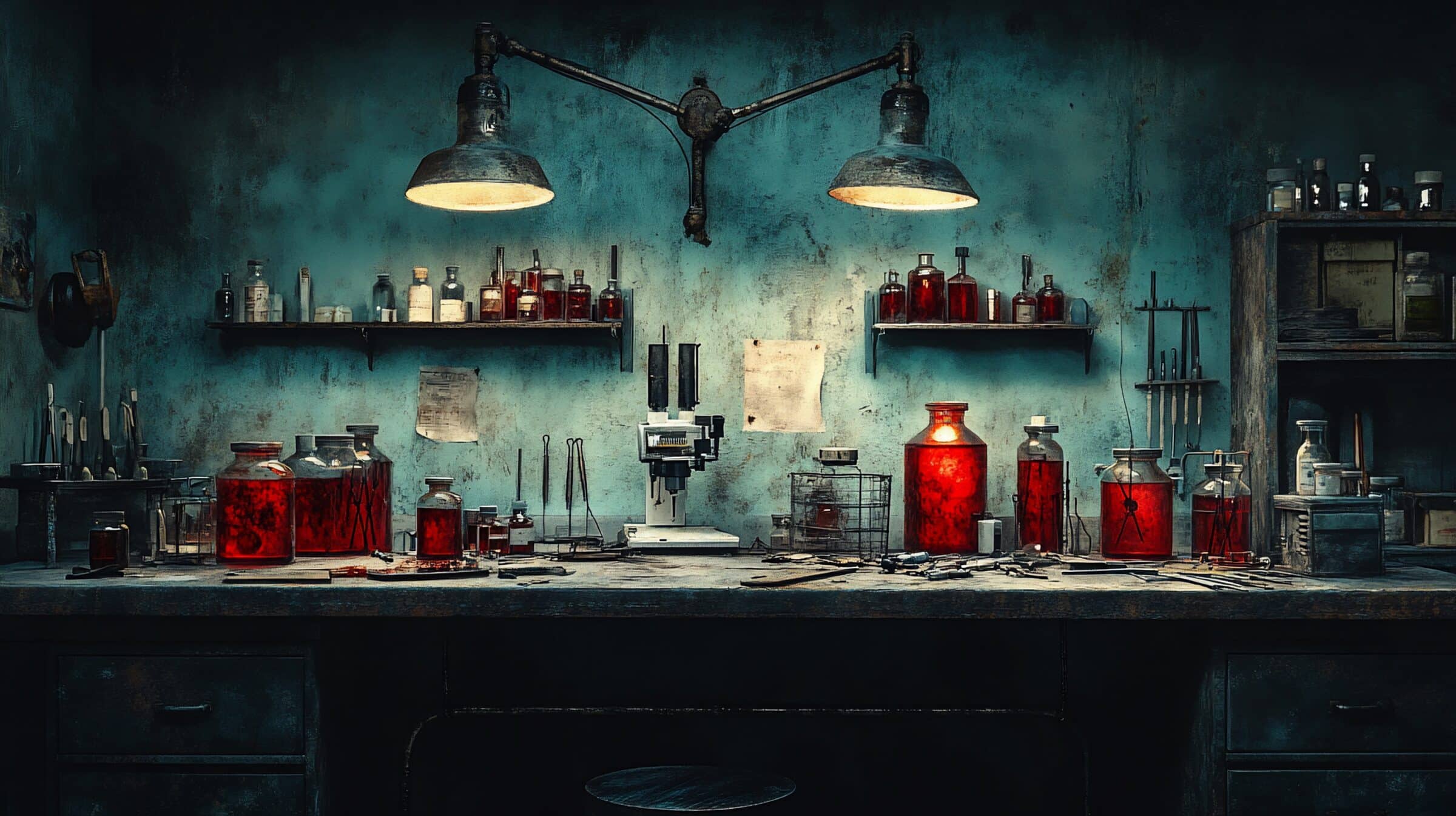 Dimly lit laboratory with chemicals and equipment in a vintage, cluttered room