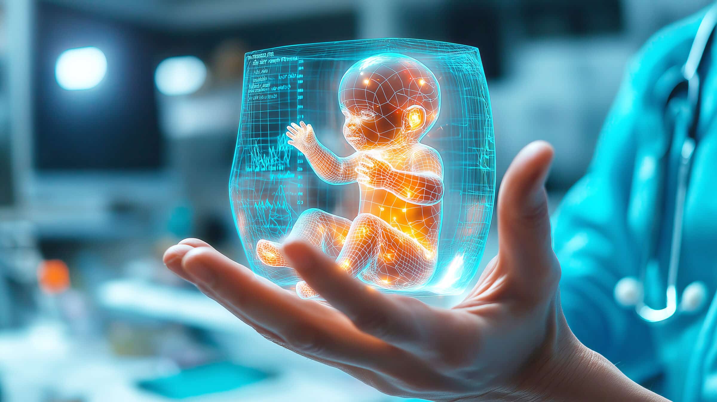 Futuristic holographic baby in doctor's hand: exploring virtual reality and medical technology