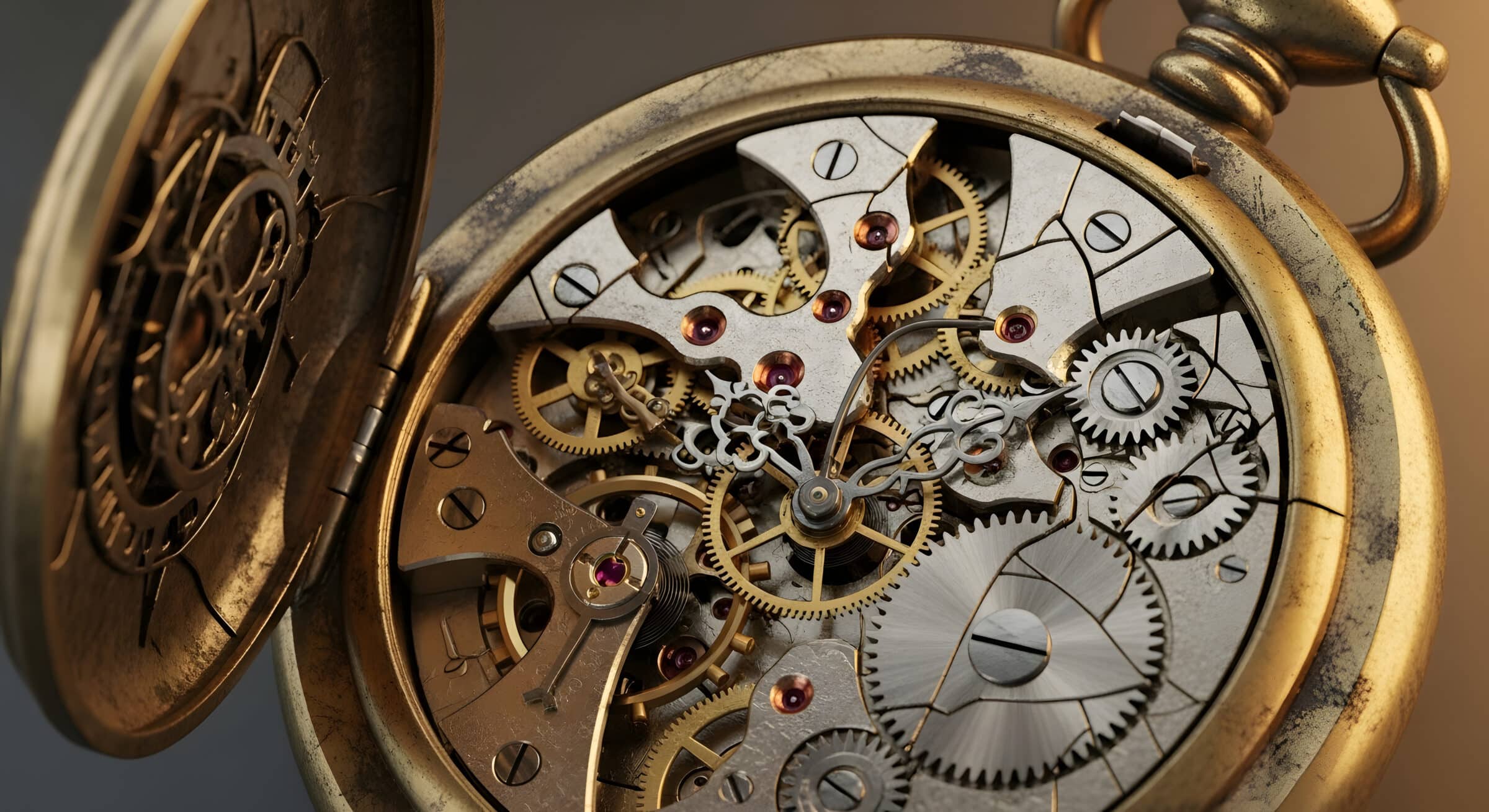 Intricate details of an antique pocket watch mechanism showcasing gears and springs in close-up