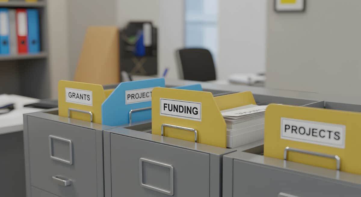 Managing project funding grants and projects in office filing cabinet for organization and efficiency