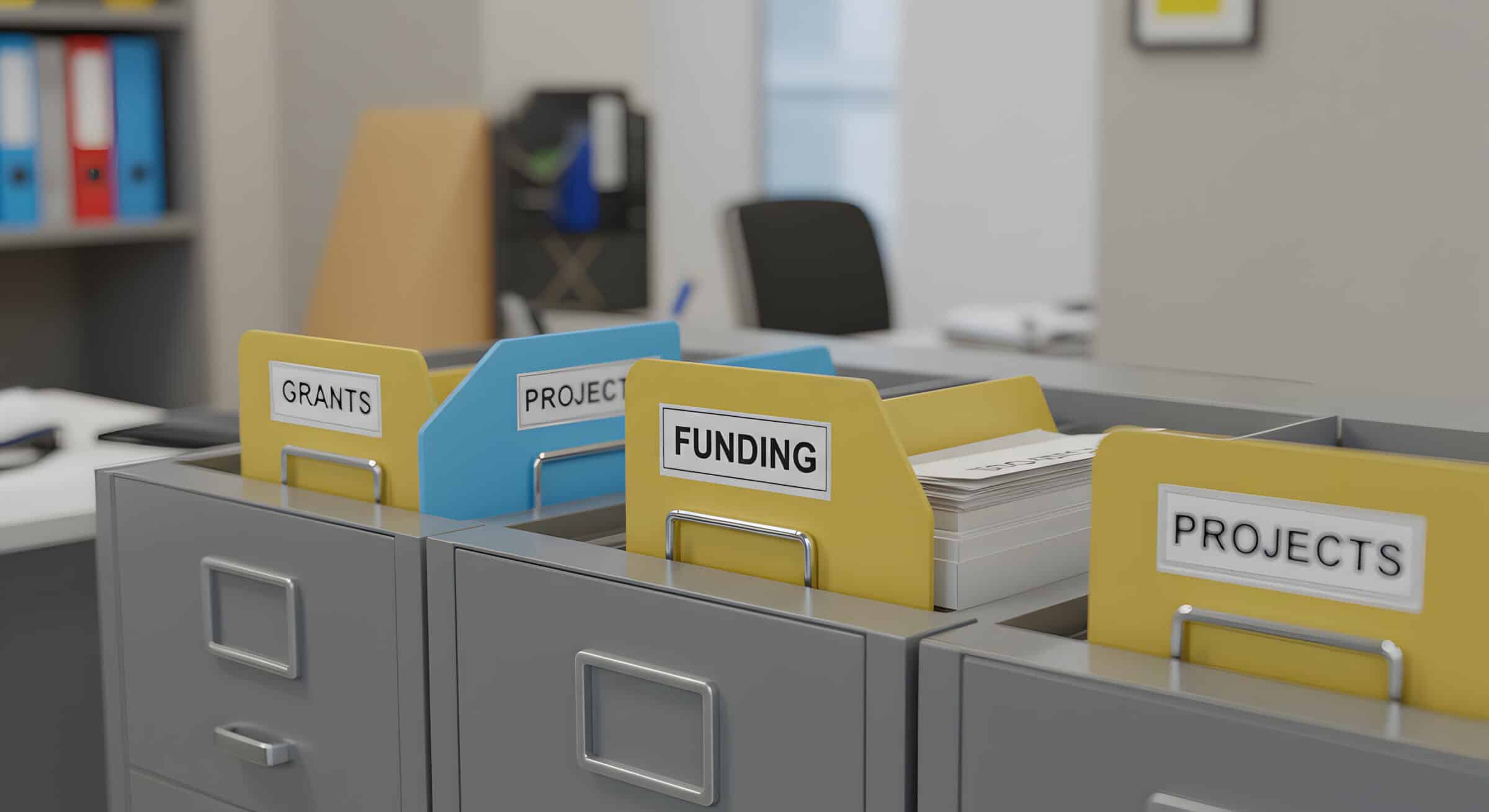 Managing project funding grants and projects in office filing cabinet for organization and efficiency