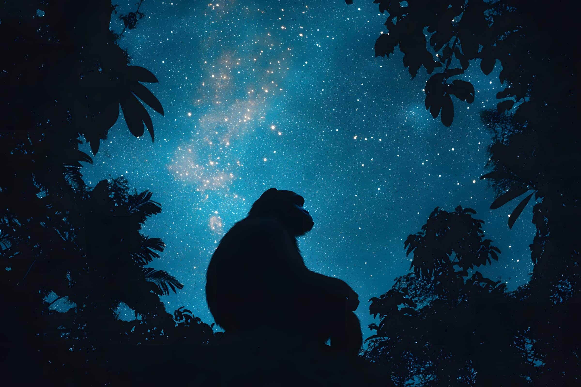 Silhouette of ape under a starry sky with trees framing the scene in a dark and dreamy setting
