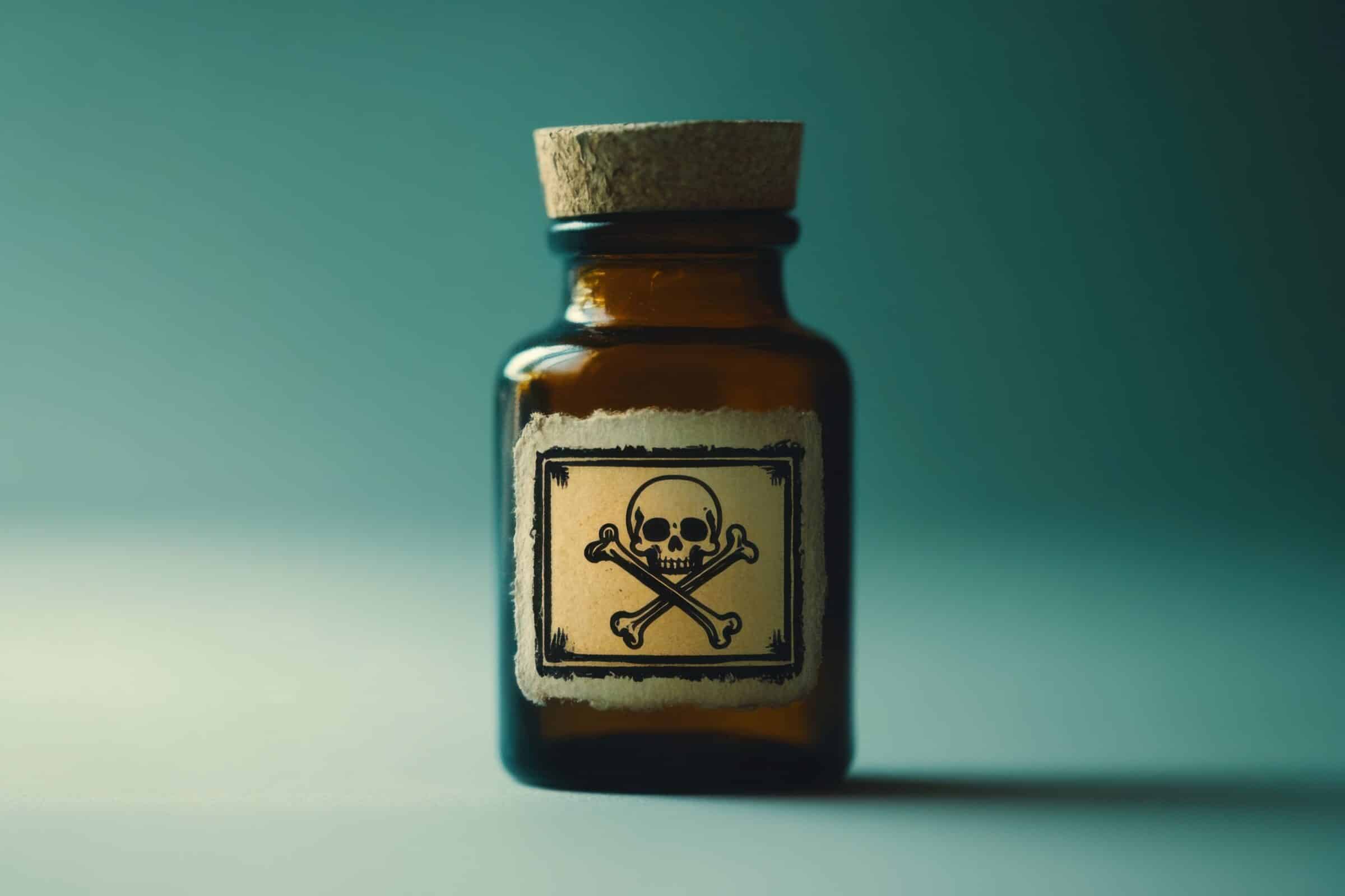Small glass bottle with a cork and a poison label displayed against a soft background