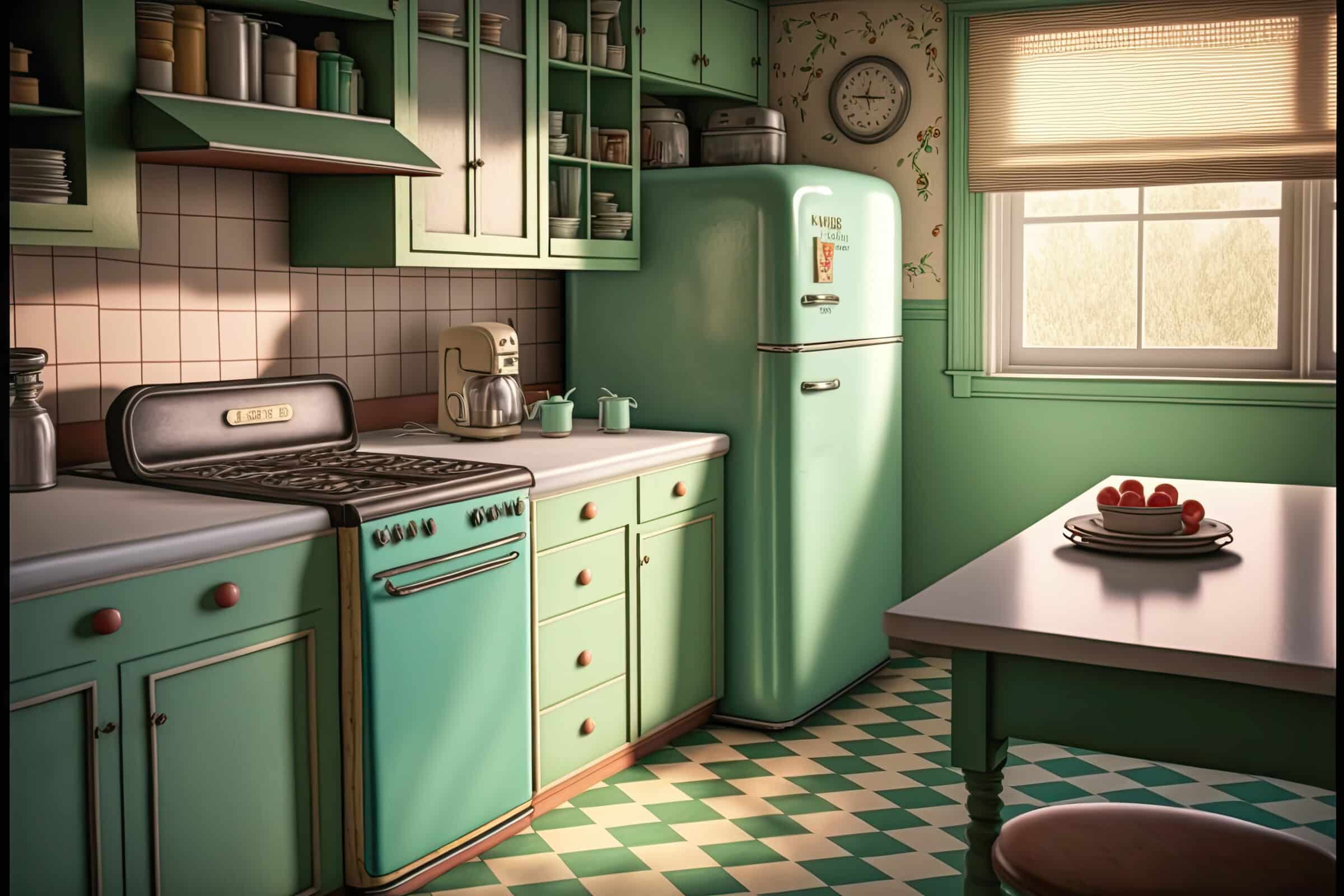 A 1940s style American kitchen, green. Generative AI