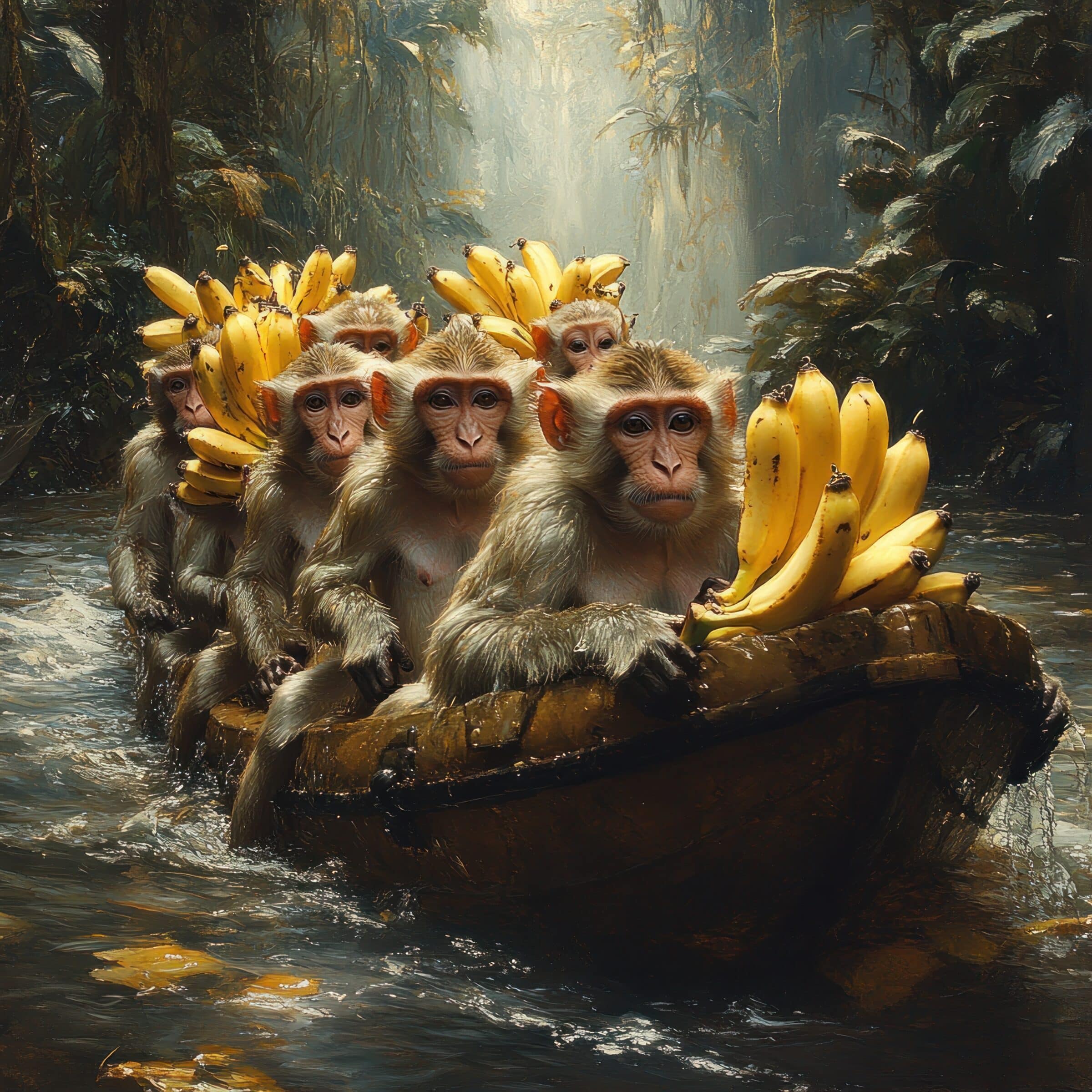 A group of monkeys on a raft in a river, carrying bunches of bananas.