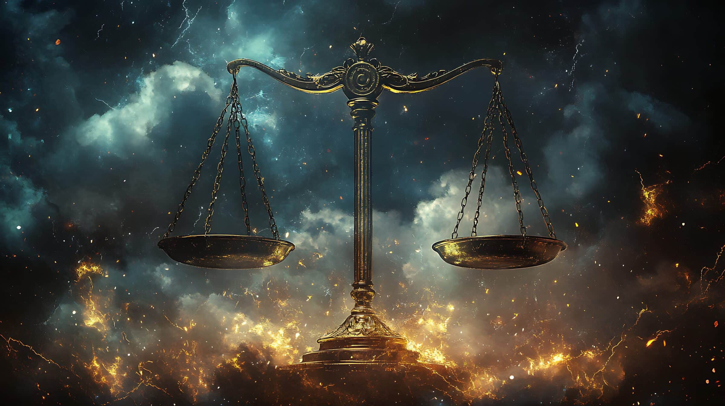 A symbolic visual of two scales, one side tipped heavily, surrounded by stormy clouds and sparks, representing the tension of a fierce debate