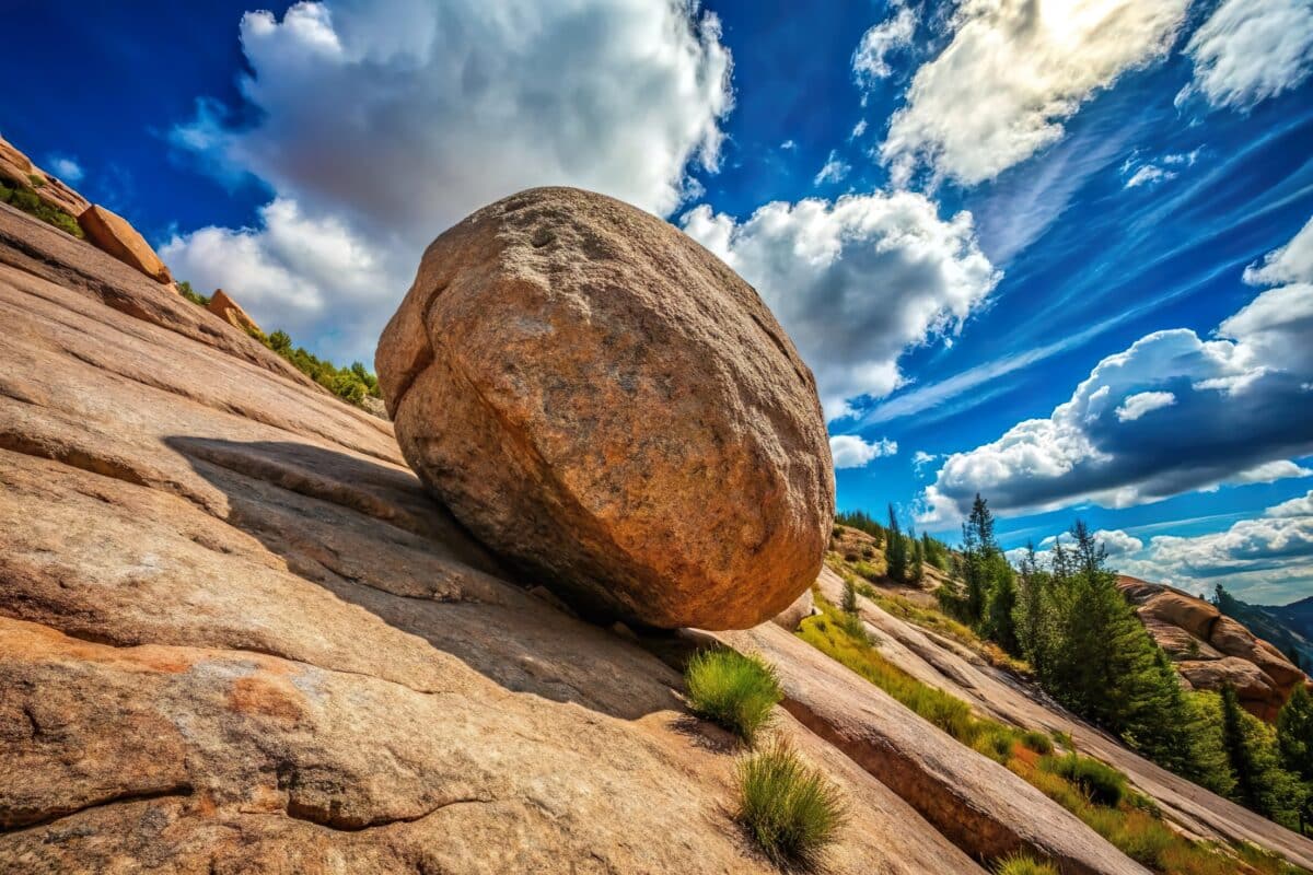 big rock roll down hill slope closeup