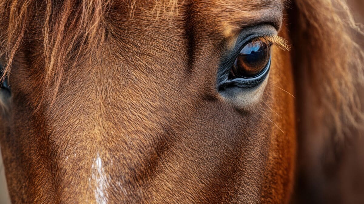 Close-up horse eye, expressive gaze. Possible use Animal portrait, nature, wildlife