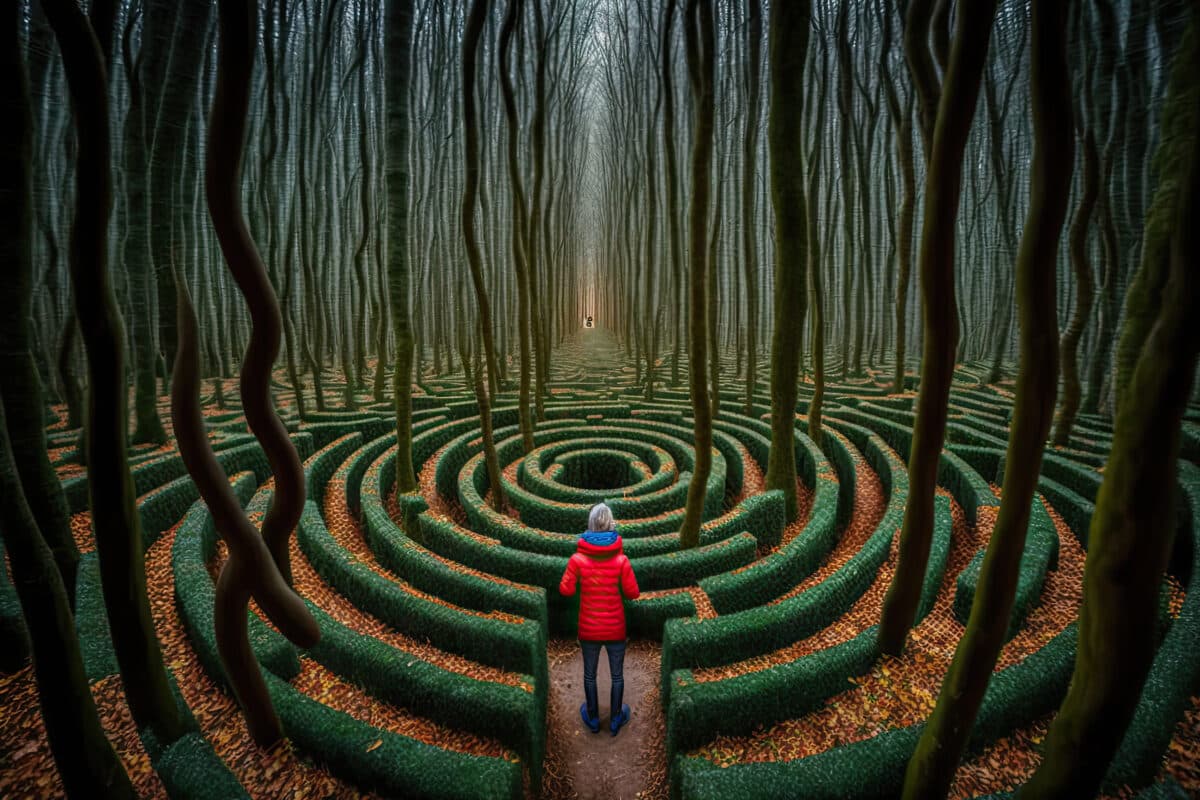 Person is looking for way out of psychedelic maze. A surreal labyrinth in magical forest. Human consciousness is at dead end, searching for solutions. Created with Generative AI